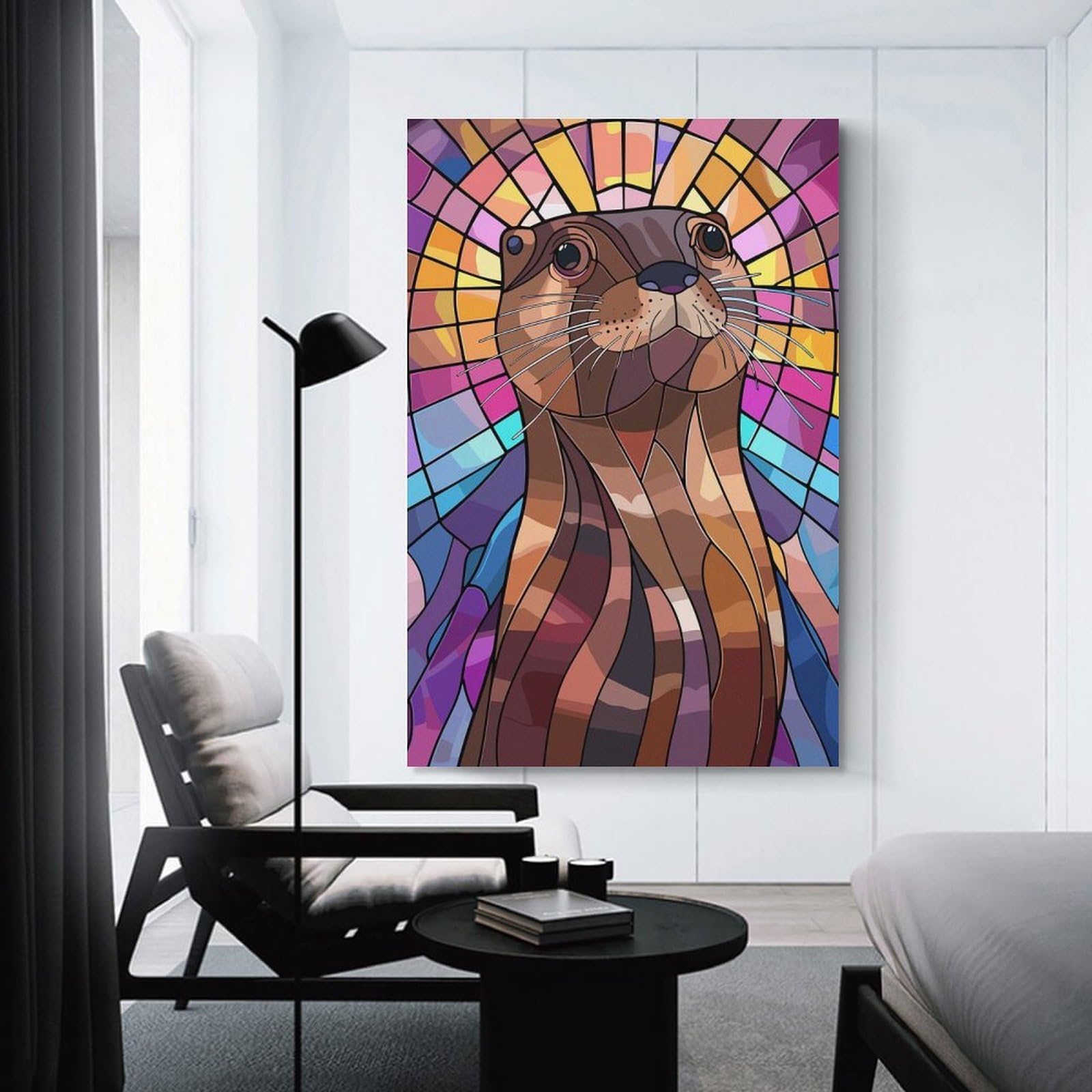 Junmoney Stained Glass Otter Portrait Canvas Wall Picture, 16x24inch(40x60cm), for Wall Displays, Bedrooms Or Room Updates, Wall Decor Suited to Curated Displays