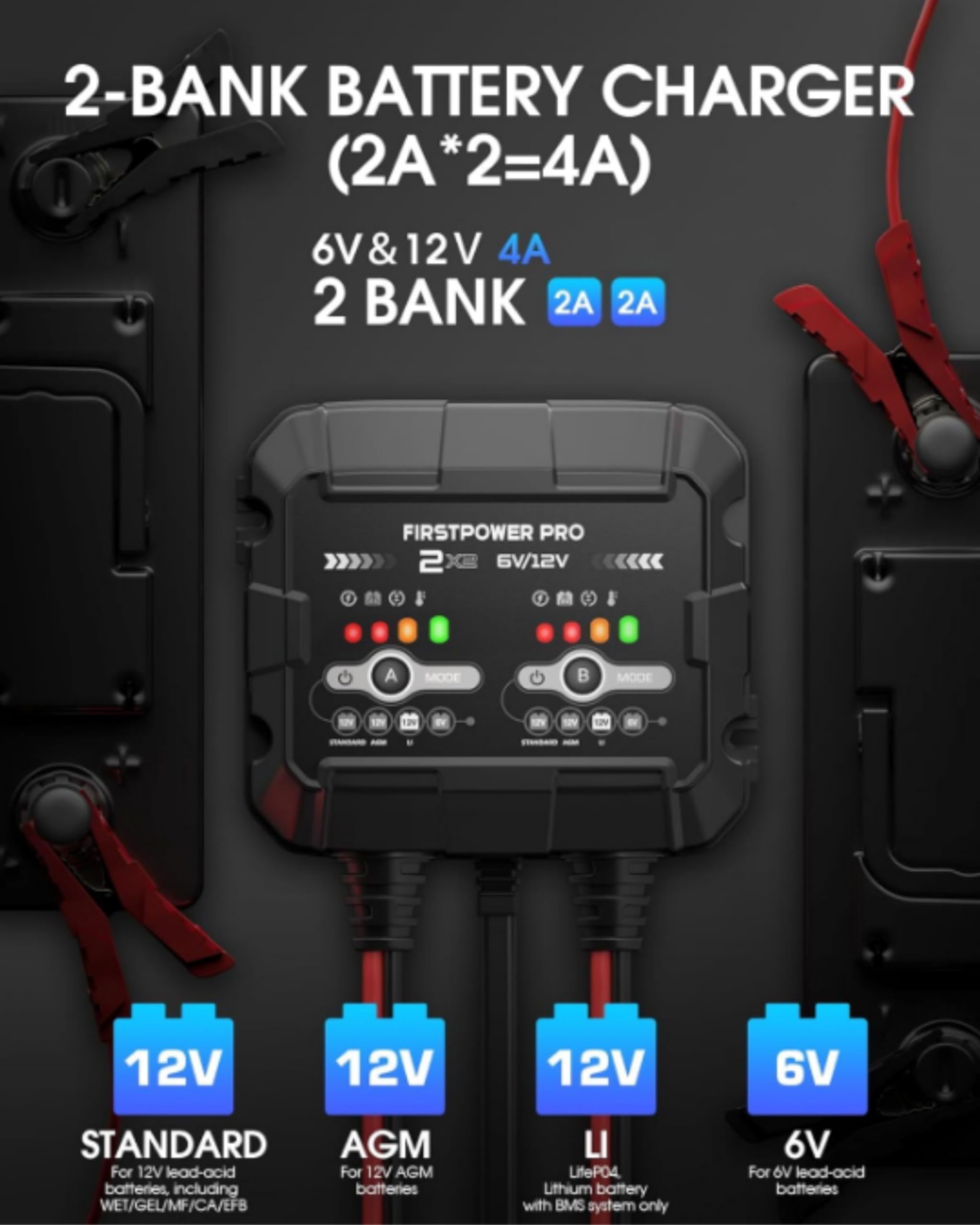 2-Bank, 4A (2A/Bank) Trickle Charger for Car Battery, 12V 6V Car Battery Charger, Automotive Battery Trickle Charger, Battery Maintainer, for Car Motorcycle Lawn Mower AGM, Lithium Batteries