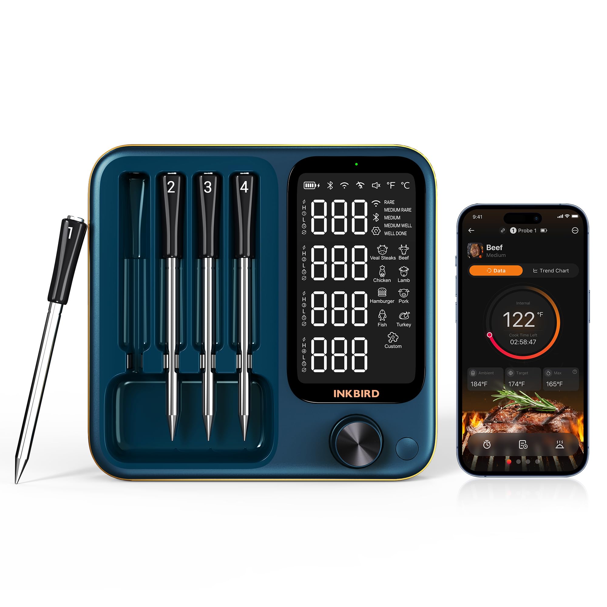 Wireless Meat Thermometer with WiFi 5G & Bluetooth 5.4, Smart Meat Thermometer for BBQ、Oven, Food Thermometer Digital with 4 Probes & 5 Sensors, NIST Accuracy, Apple Watch Alerts, 25H Use, Waterproof