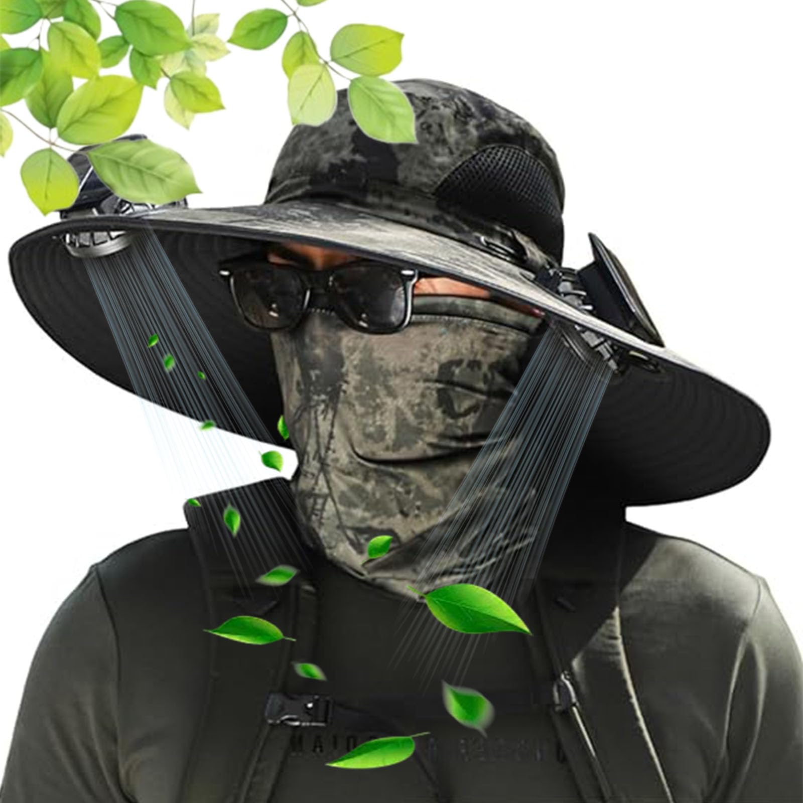 Wide Brim Solar Fan Outdoor Fishing Hat-Solar & USB Charging, UPF 50+ Solar Fan hat UV Protection with 2 Solar Fan (UK, Alpha, One Size, L, J)