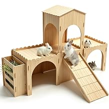 Large Rabbit Castle, Large Rabbit House Wooden Bunny House with Hay Feeder, Tool-Free Assembly for Small Animal Rabbit Guinea Pig Hedgehog