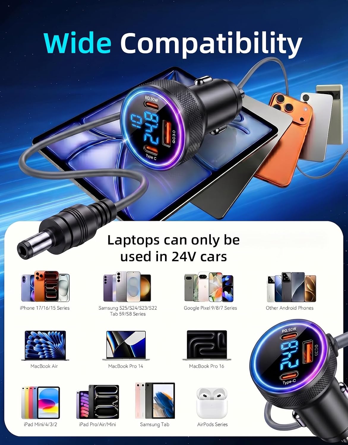 Starlink Mini Car Adapter, 10FT Starlink Mini Cable, 4 in 1 Starlink Car Charger DC Power Cable 12V-48V with Digital Display, Starlink Car Adapter USB-C PD 45W and Dual USB-A 35W Ports for Cars