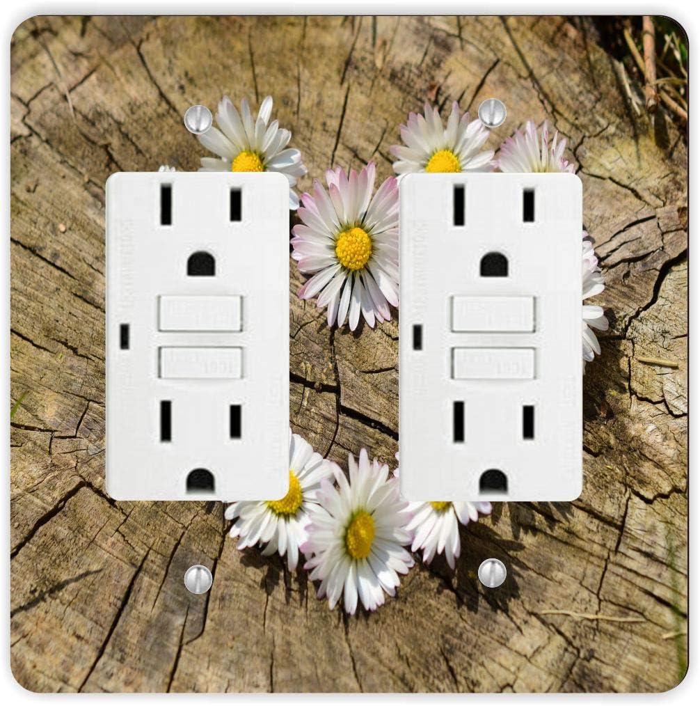 Daisy Heart Flowers on Tree Trunk Wood -Light Switch Plate Cover - Double GFI Double Rocker - Two Gang Switch Plate Cover Switch Plate Cover