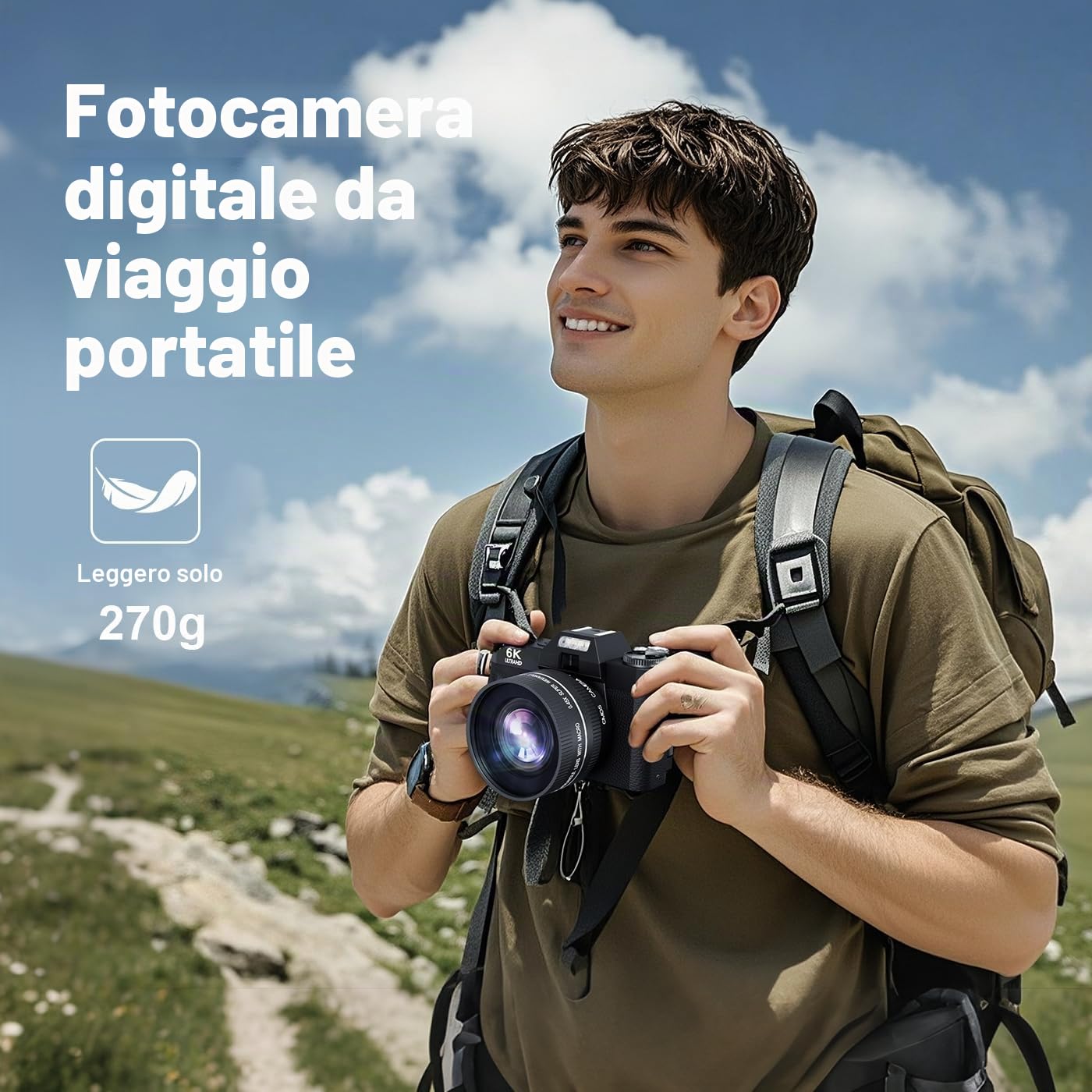 Fotocamera digitale 6K 64MP per Fotografia Vlogging Camera per YouTube, Flip Screen 180°, Zoom 16X Autofocus, Fotocamera compatta da viaggio per adolescenti, con obiettivo da 52 mm, 2 batterie, scheda