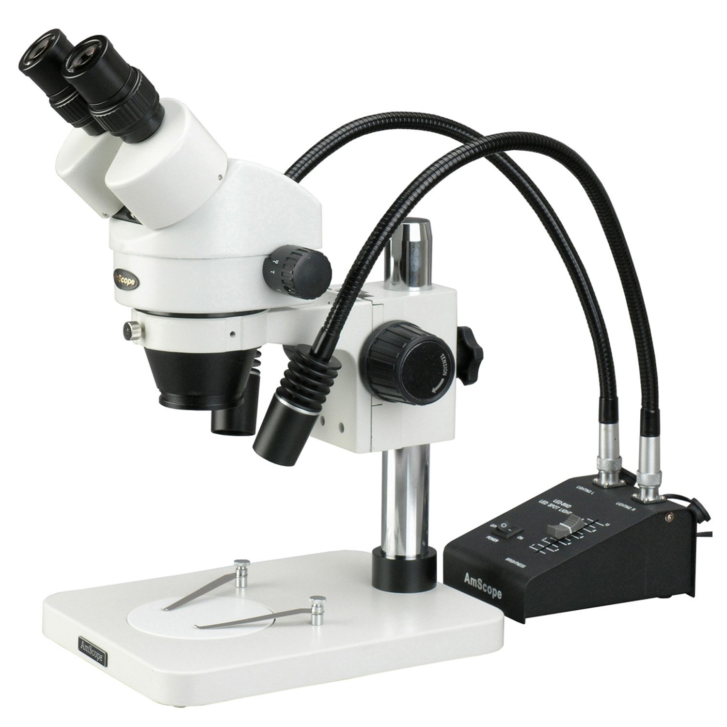 AmScopeSM-1BSW2-L6W Professional Binocular Stereo Zoom Microscope, WH10x Eyepieces, 3.5X-225X Magnification, 0.7X-4.5X Zoom Objective, 6W LED Gooseneck LED Light, Pillar Stand, 110V-240V