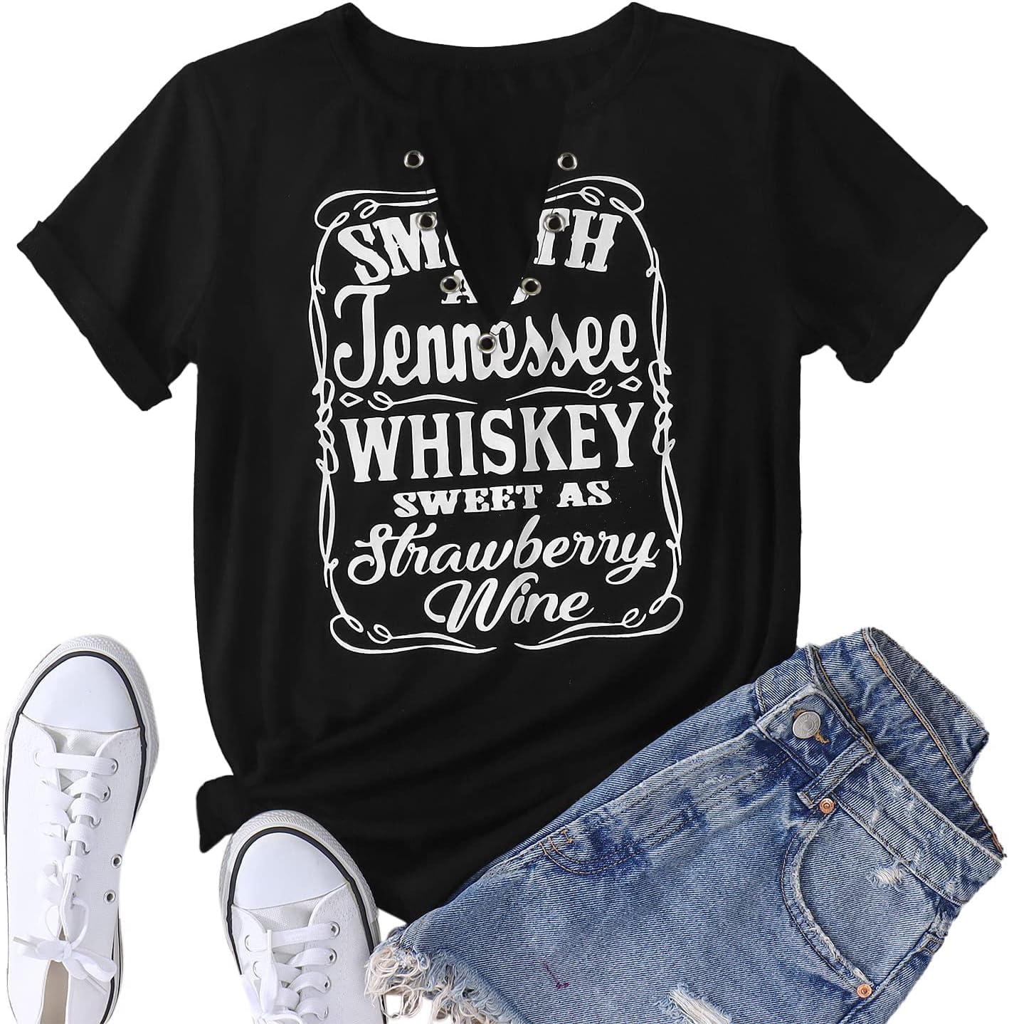 Plus Size Smooth As Tennessee Whiskey Sweet As Strawberry Wine Shirt Womens V-Neck T Shirts Country Music Short Sleeve Tees - Image 5