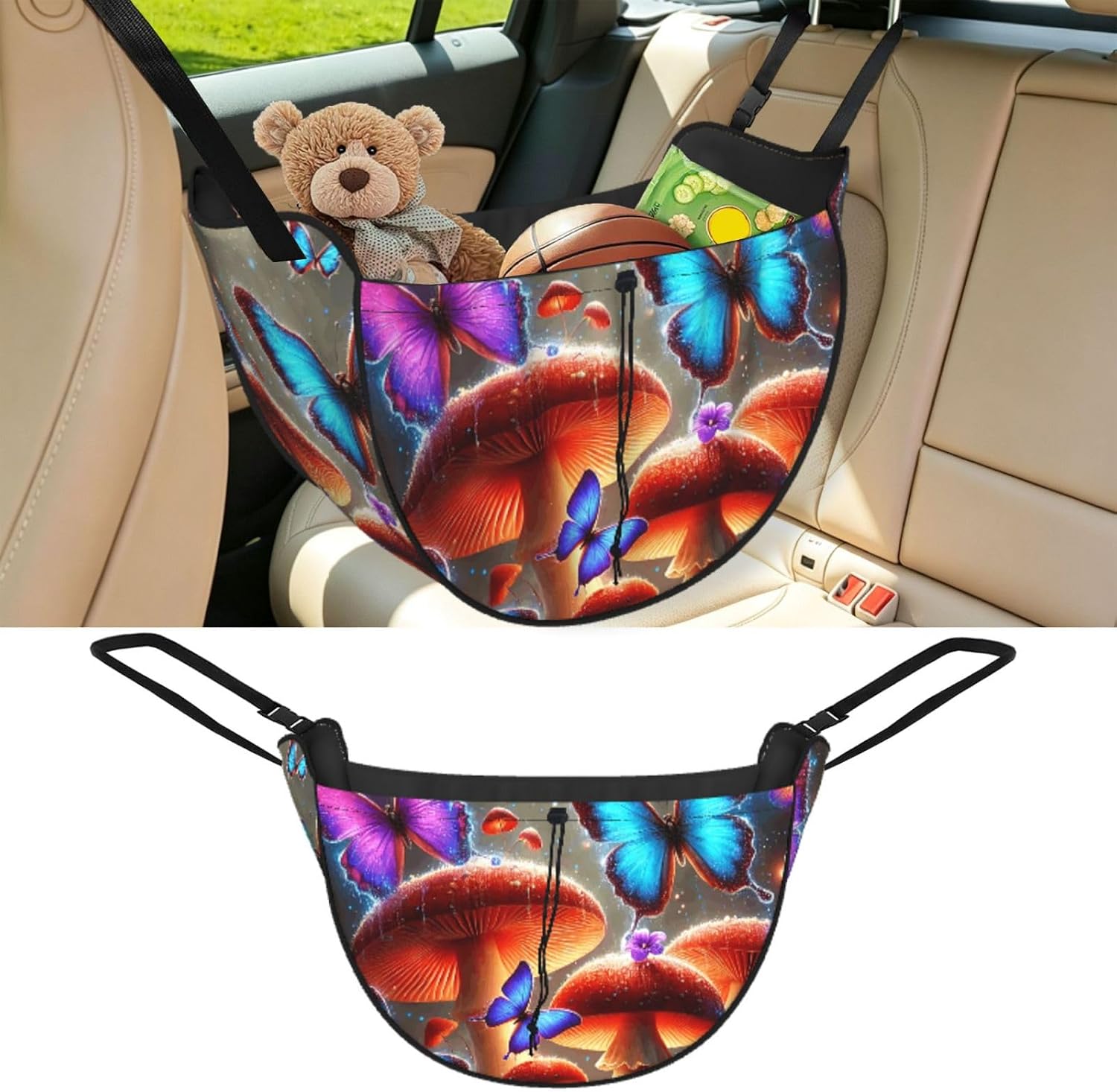 Augenstern Glowing-Mushrooms-Colorful-Butterflies Car Backseat Organizer Bag For Road Trips