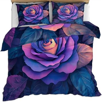 Purple Rose Comforter Cal King, Floral Duvet Cover Set, Botanical Rose Flower Patterned Comforter Cover and 2 Pillow Sham with Zipper Closure