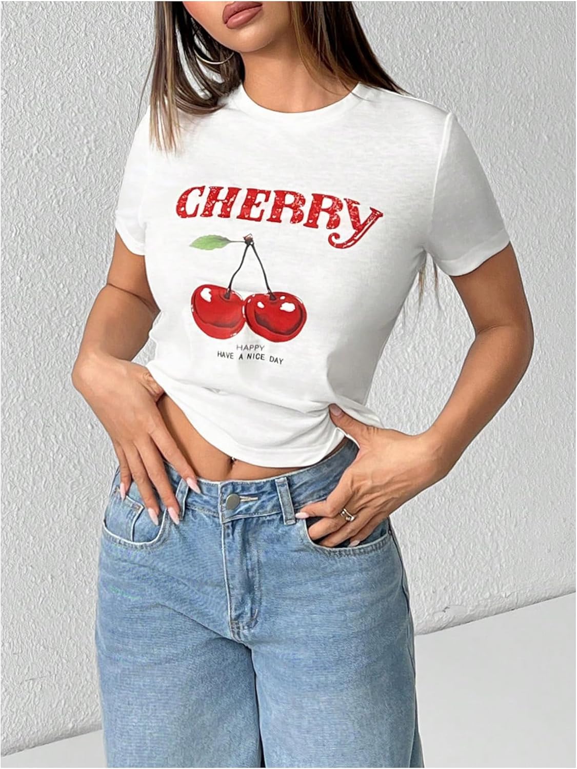 Women's Y2K Graphic Tees Cherry Print Crew Neck Short Sleeve T Shirt Summer Tight Tops - Image 4