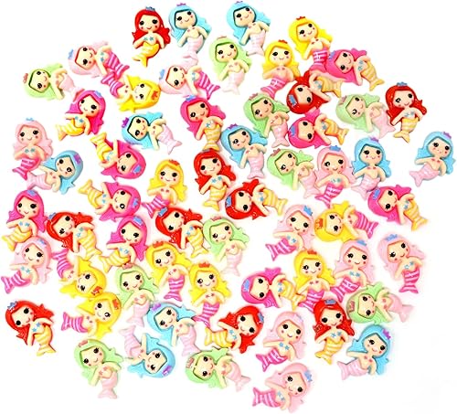 Miniatura 5 de Honbay 60 dijes de resina con parte trasera plana de sirena, pequeños encantos de limo de sirena, adornos de resina con temática oceánica, adornos