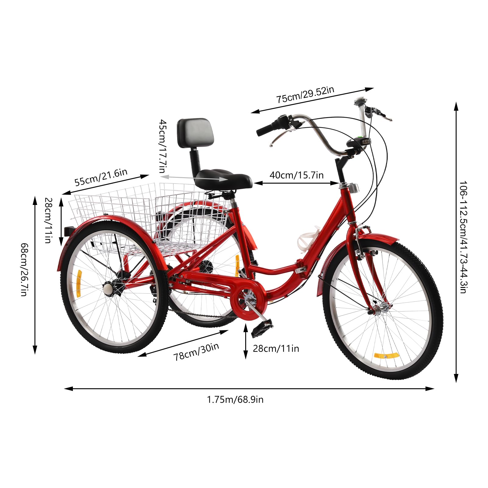 Triciclo pieghevole per adulti, 24 pollici, 7 marce, 3 ruote, bicicletta per adulti, con cestino, bicicletta per la spesa, bicicletta cargo per adulti, anziani e donne, regolabile in altezza