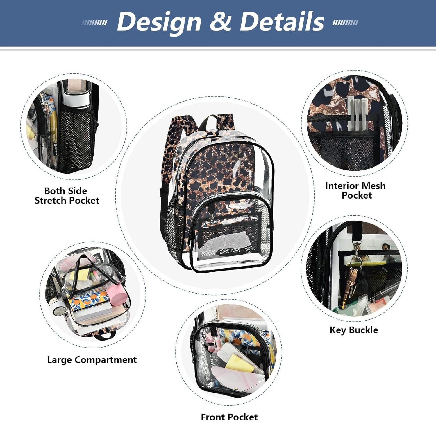 Leopard Cheetah Print Black Brown Clear Backpack Heavy Duty See Through Transparent PVC BookBag for Kids Boy Girl Adult School Work