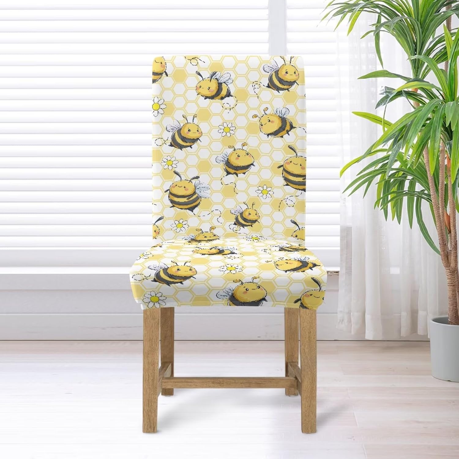 Bee Daisy Pattern Dining Chair Cover Removable Dining Chair Slipcover Elastic Seat Parson Chair Slipcover Home Decor for Kitchen,Wedding,Party-4 Pcs