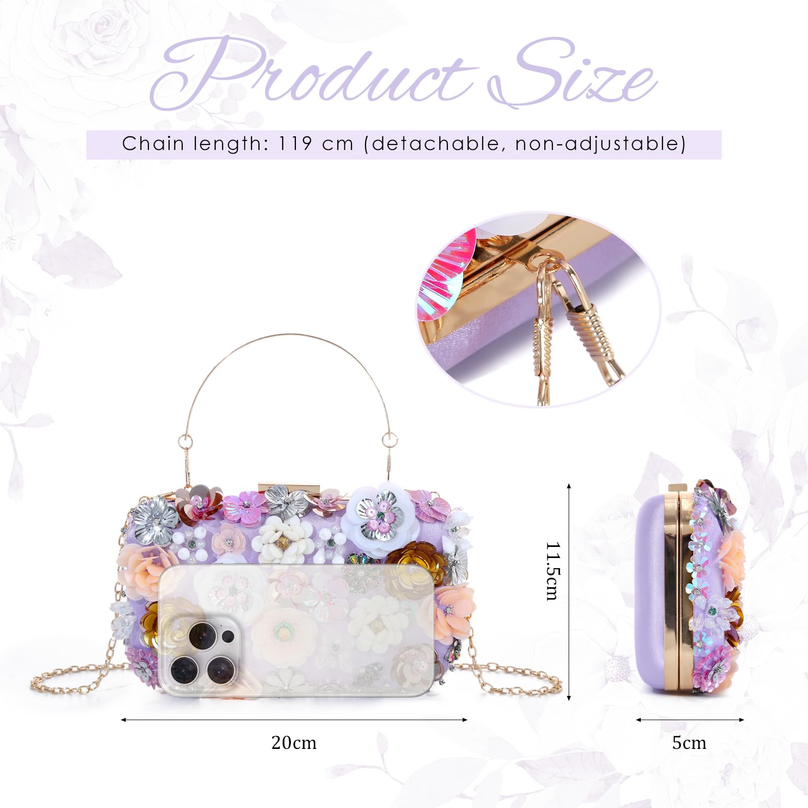 EVEOUT Clutch de 3D Flores Mujer Elegante Bolso de Mano de Noche de Cristal con asa y Cadena para Boda Fiesta Baile