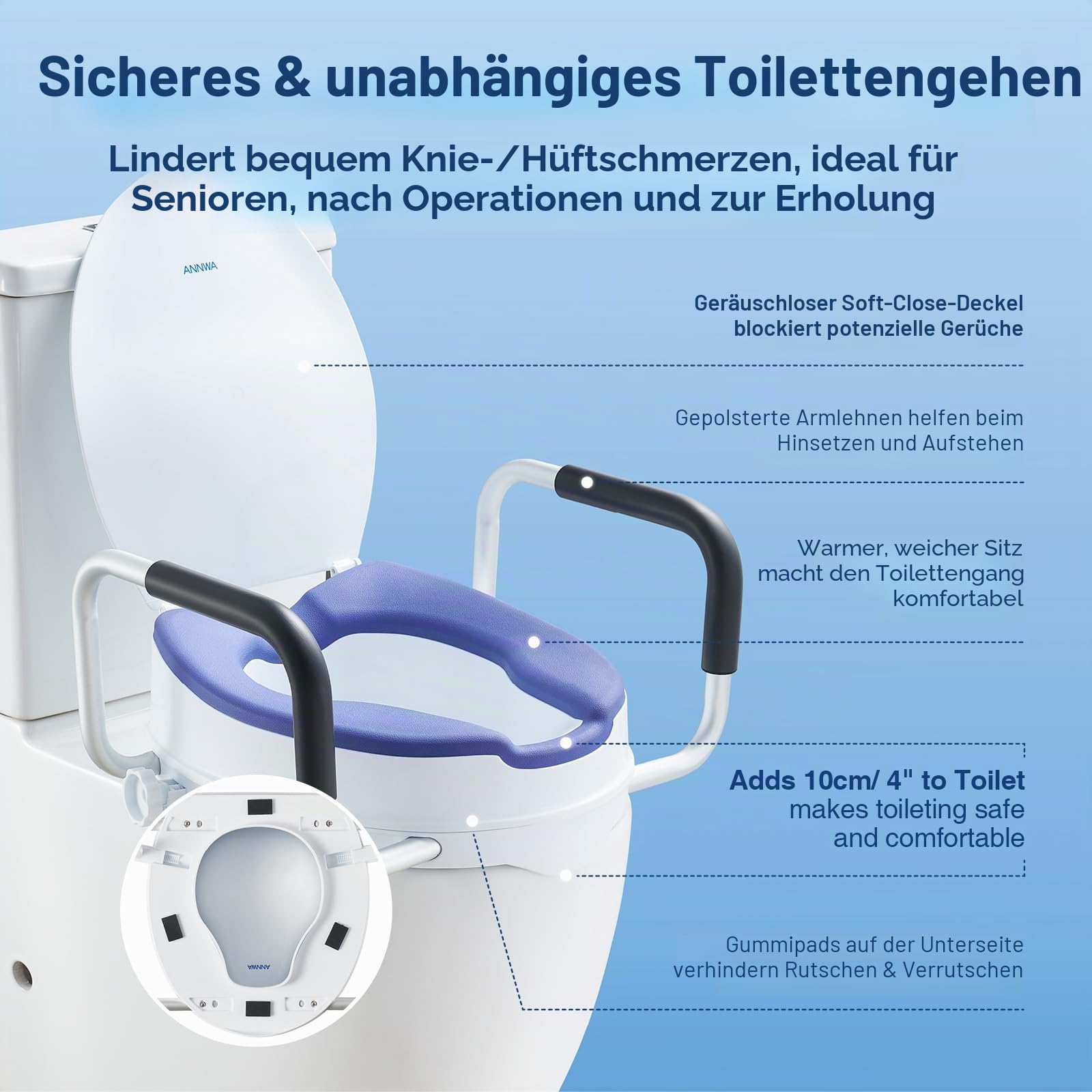 Toilettensitzerhöhung für Erwachsene mit Armlehnen und Deckel, erhöhter Toilettensitz für Erwachsene, WC-Sitz mit Deckel, Toilette nach Operation (N1FYT16)
