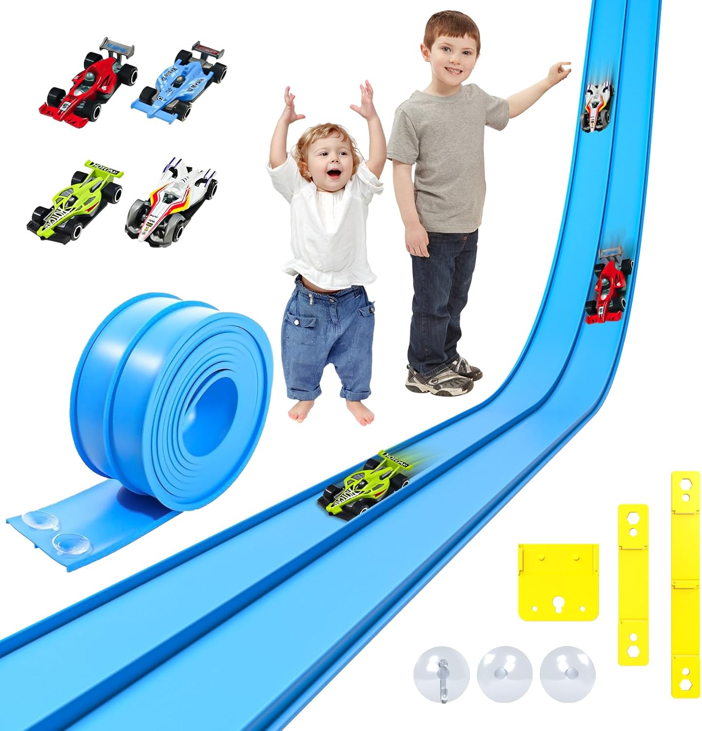 Flexible Race Car Track, 16.4ft Car Track for Kids with Suction Cups, Rolls Up Portable Racetrack for Kids 3+ Years Old