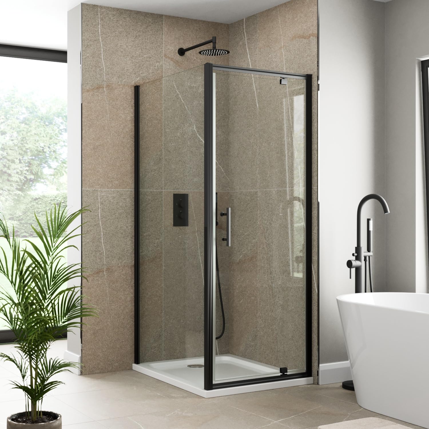 Luxura Black Luxura® 900 X 900Mm Pivot Shower Enclosure Door Screen For Wet Room Cubicle Enclosures, 6Mm Toughened Safety Glass, Framed, Matt