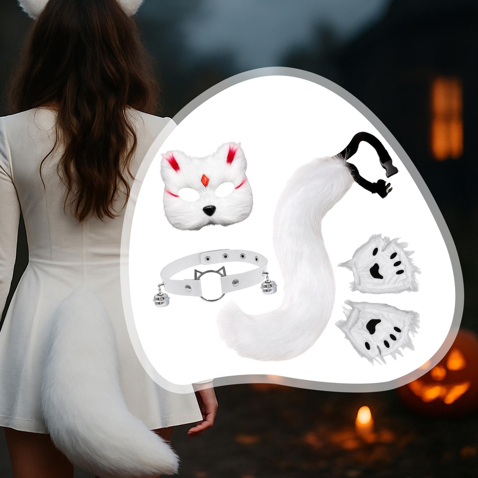 Baoblaze Masque et Queue Chat Renard, Collier pour déguisement, Anniversaire, Mascarade, Spectacle sur scène, Blanc Rouge
