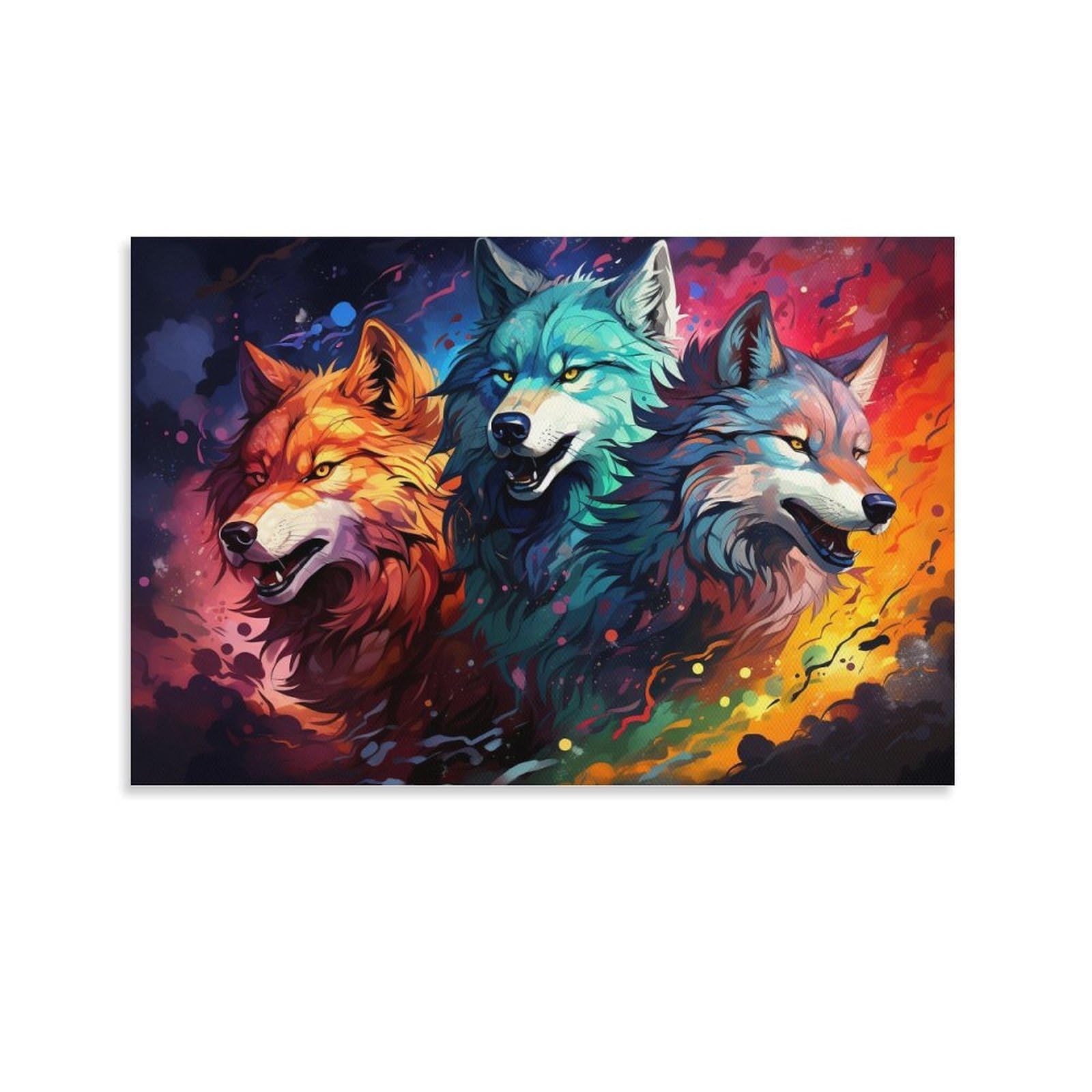CPLVKWRQJ Bright Magical Colorful Individual Three Wolves Colorful Art Wall Art Decor - Office Wall Focal Art Multi-Purpose Fade Resistant Decor 16x24inch(40x60cm)