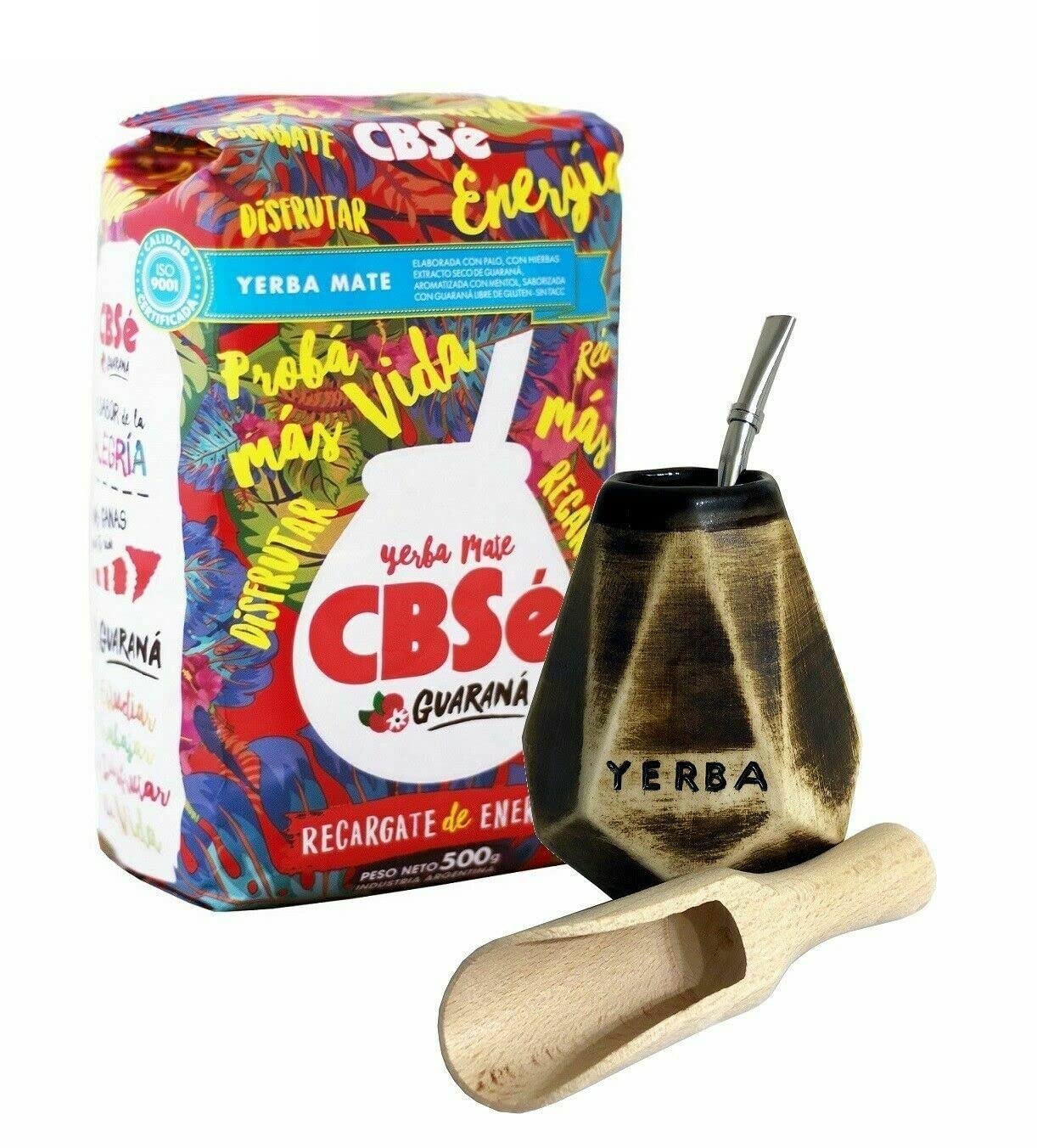 CBSe Yerba Mate Tea Set| Natural Strong Energy Drink |CBSe Yerba Mate Tea Complete Set| Begginer's Kit| ENERGY Booster |CBSe ENERGY+GUARANA 500g Kit|Ceramic Cup Gourd 300ml|Bombilla Straw|Wooden Scoop