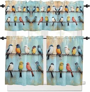 Abstract Birds Kitchen Curtains and Valances Set, Singing Birds Rod Pocket Window Valance 18 Inch Birds Standing on Wire Window Curtain Panels for Living Room Bedroom Laundry, 27.5x36in, 3 Pieces
