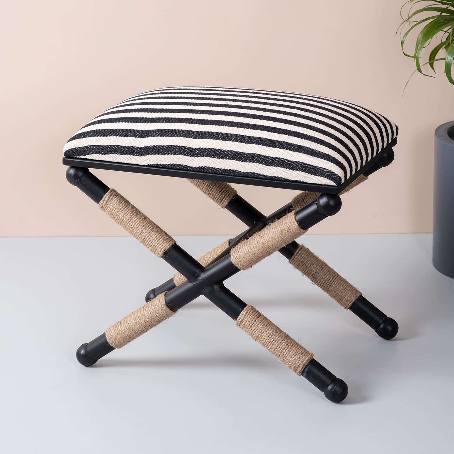 nestroots Set of 2 Ottoman Stool for Living Room Metallic Ottoman for Sitting | Footstool Ottoman Bench for Bedroom (Black & White)