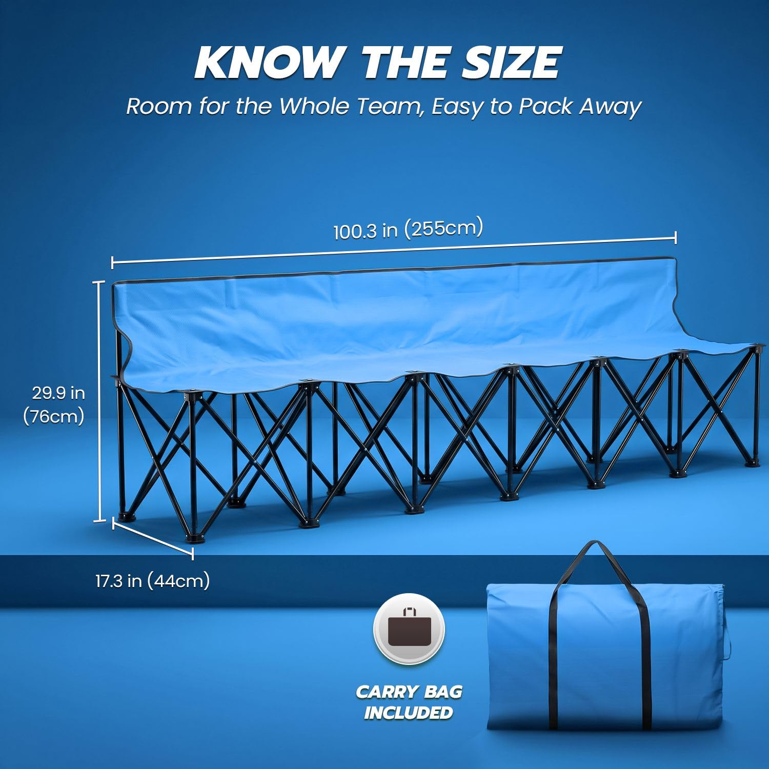 Flexzion Banc Pliant Portable 6 Places, Banc de Football Pliable, sièges Portables pour Gradins, Camping et Bord de Touche, avec Dossier et Sac de Transport, Bleu
