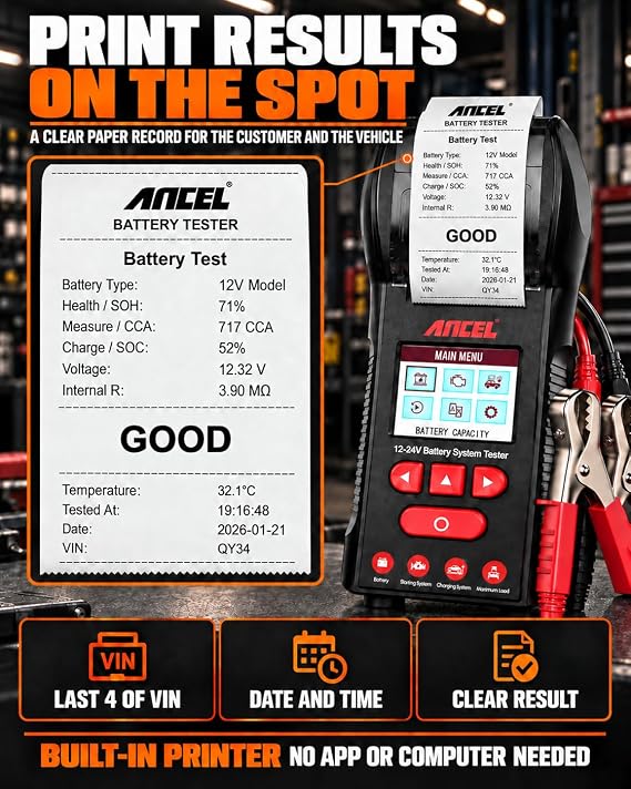 ANCEL BST600 12V 24V Automotive Battery Tester with Printer, 100-2000 CCA