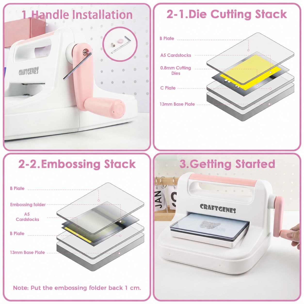 CraftGenes Stanzmaschine und Prägemaschine, 15,2 cm, Öffnungsgröße für Kartenherstellung, Scrapbooking und Bastelarbeiten, komplettes Set mit A5-Stanzformen, Prägeschablonen und Tellern (Rosa)