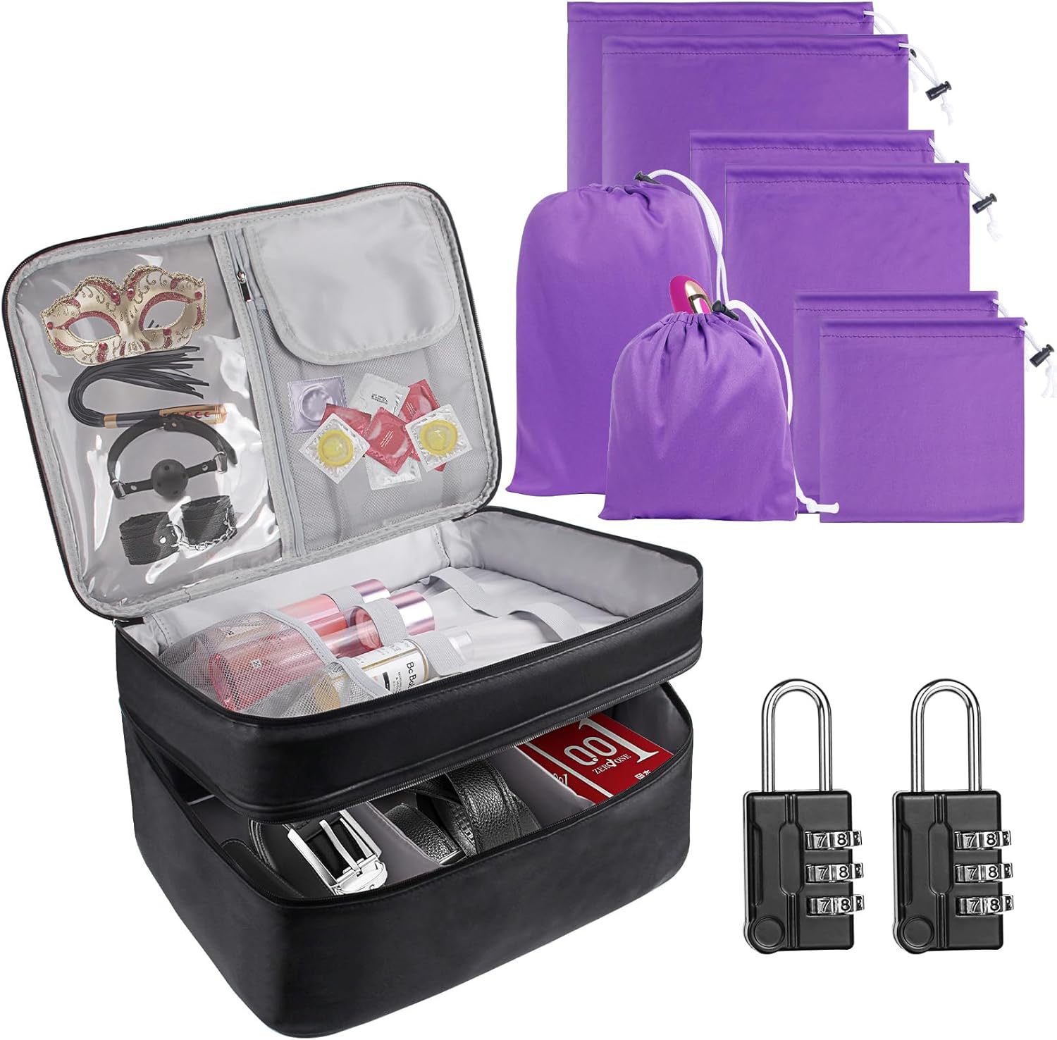 Large Lockable Adult Toy storage Box,Toy Bag Adult Toy Gaming Storage Organizer Case,2-Layer Discreet Toy Bag with Dual Locks for Women and Men with 6 Pcs Microfiber Drawstring Toy Storage Bags