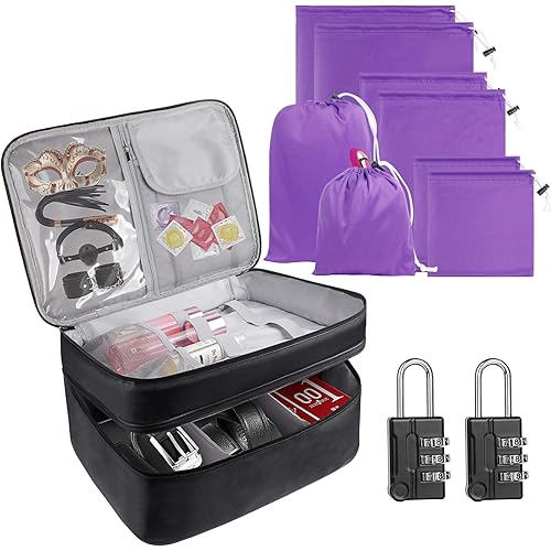 Large Lockable Adult Toy storage Box,Toy Bag Adult Toy Gaming Storage Organizer Case,2-Layer Discreet Toy Bag with Dual Locks for Women and Men with 6 Pcs Microfiber Drawstring Toy Storage Bags