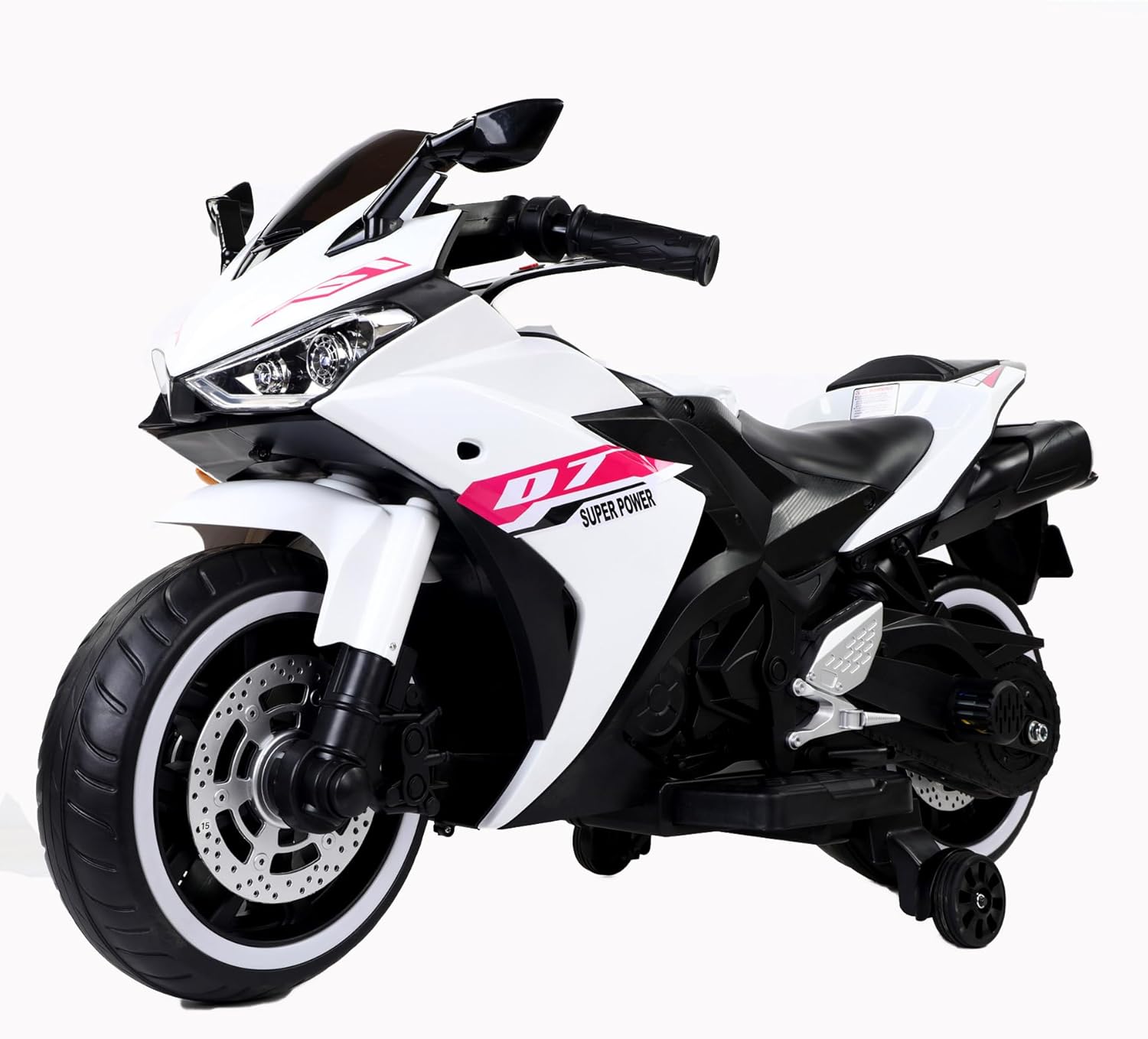 Children's Electric Motorcycle - 12V Electric Motorcycle, Manual Throttle, LED Wheel hub, Music Function, Suitable for Outdoor Riding- Ages 3-6 (White + Plastic + 50-99 Lbs)