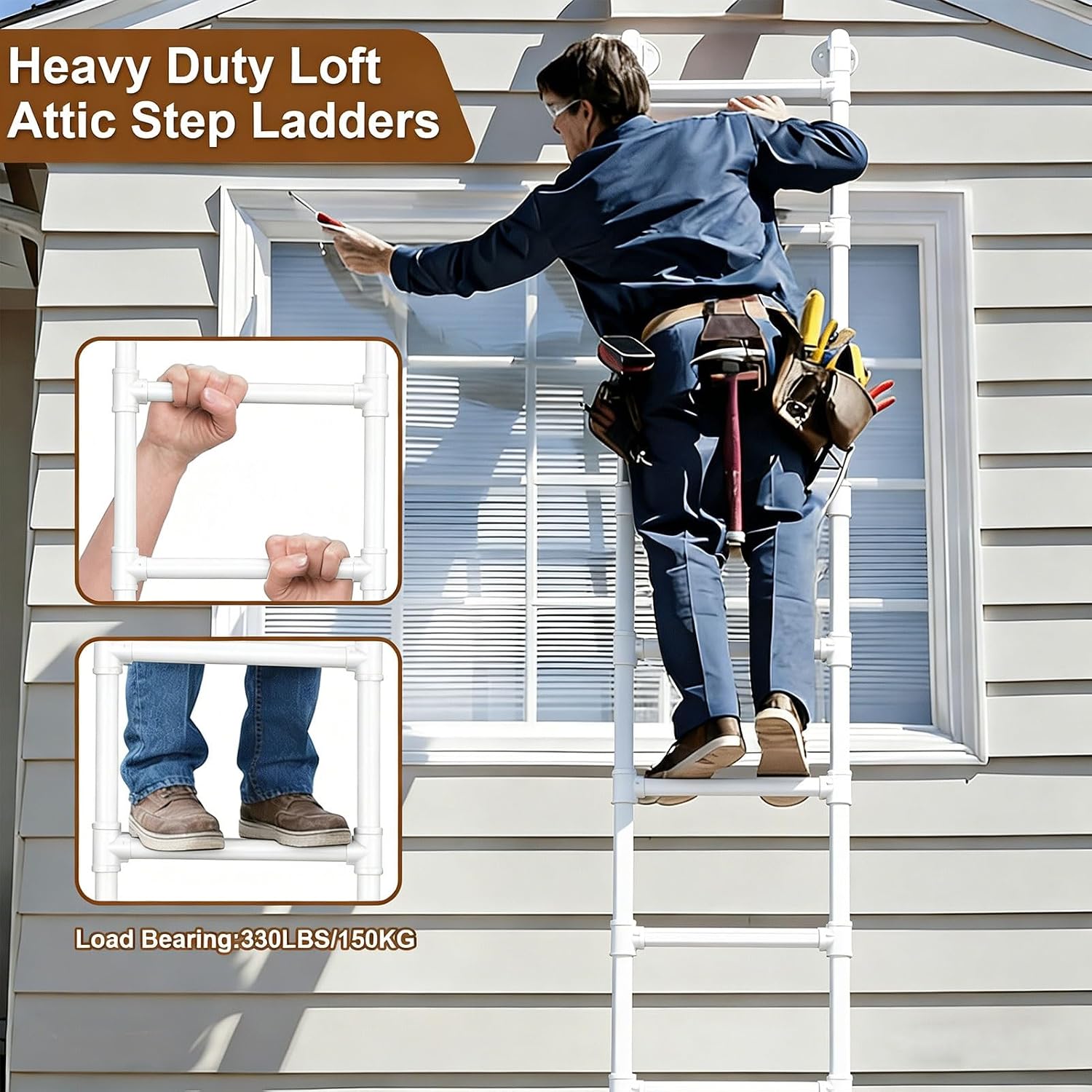 Adjustable Wall-Mounted Attic Loft Ladder – 4ft to 9ft, Ideal for Bunk Beds & Basement Egress, Perfect for Attics, Lofts, Libraries & Dorms, White (210cm/83in)