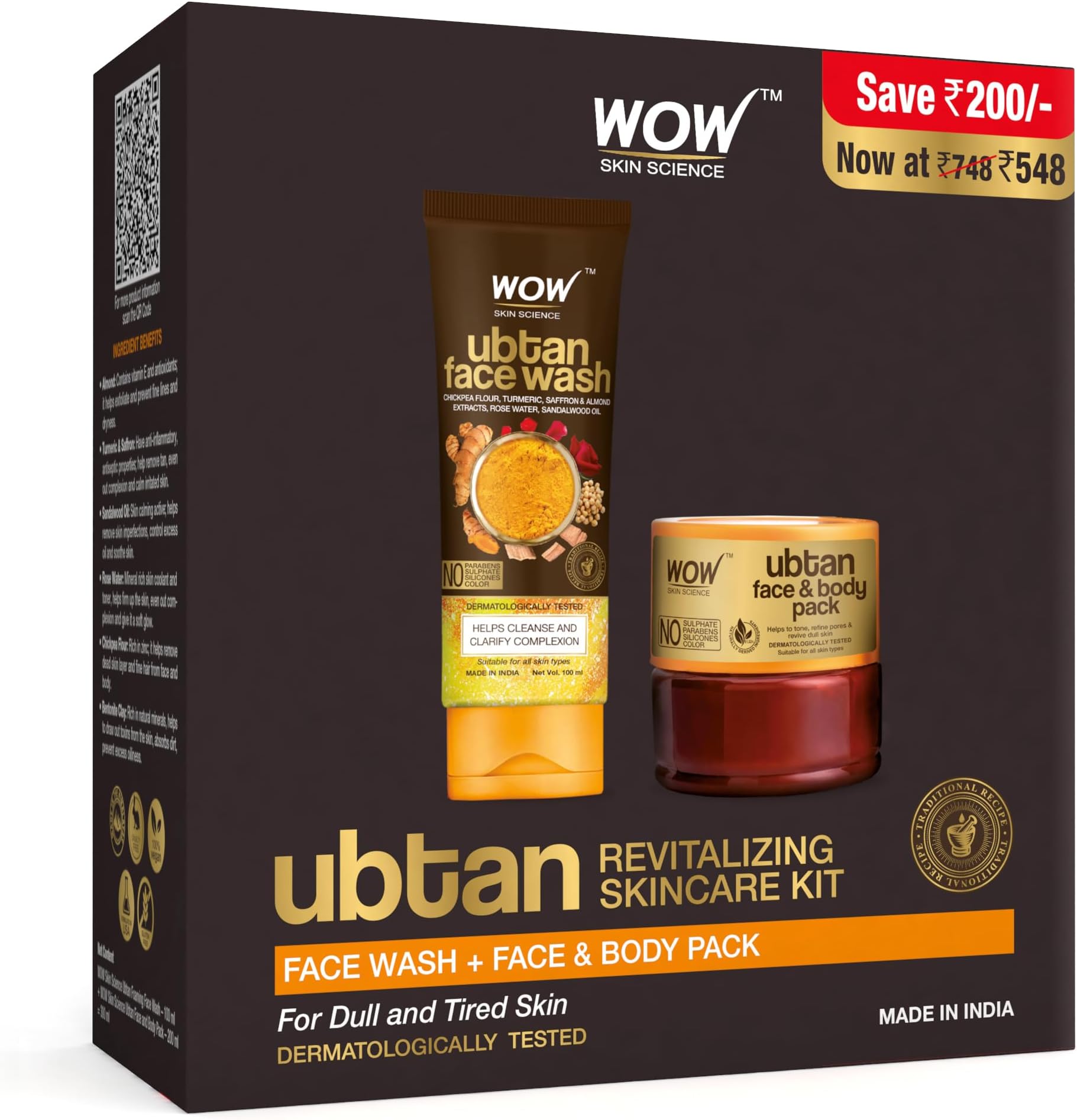WOW Skin Science Ubtan Glowing Skincare Kit for Men & Women | Face Wash + Face & Body Pack | For Dull & Tired Skin | Combo Pack of 2 | 300 ml