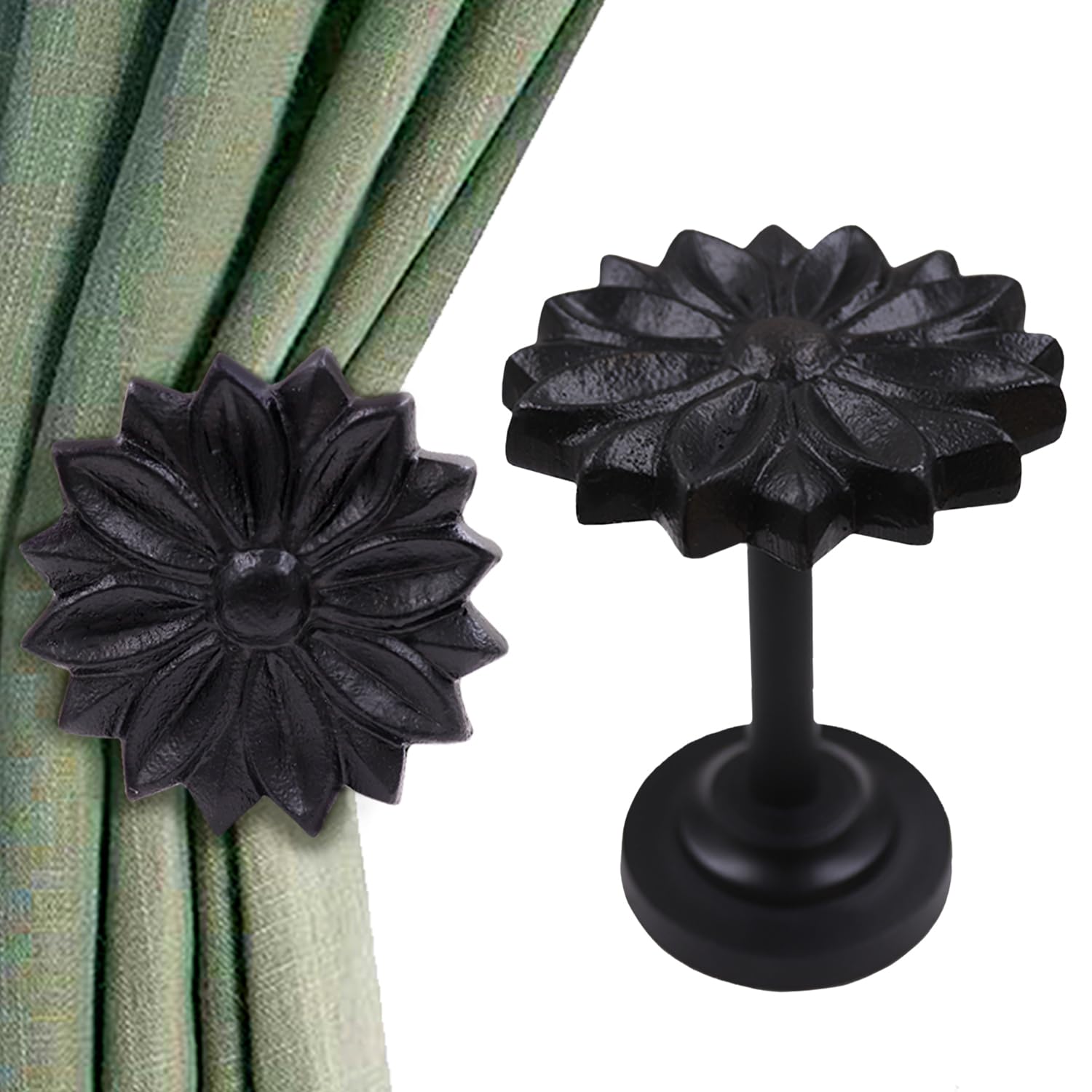 The Metal Magician Wall Mounted Floral Curtain Holdbacks (Pack of 2) - Boho Flowery Curtain Holders for Living Room, Bedroom, Office Drapes -