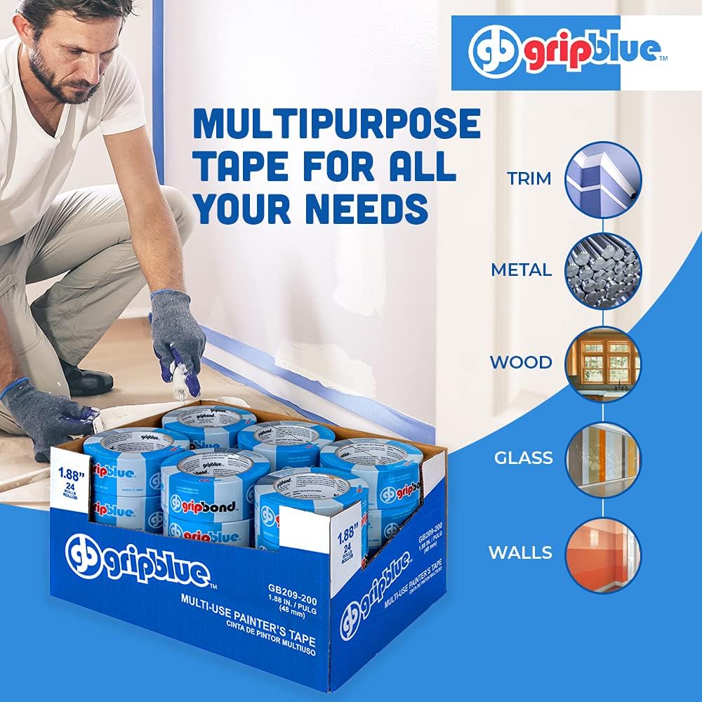 Blue Painters Tape 2 Inch Wide, Bulk - 24 Rolls Masking Tape, “Professional-Grade” - Yields Exact Lines on Walls  Trim, Multi-Surface, Residue-Free, Easy Removal –Indoor  Outdoor Use, 1.88in x 60yds
