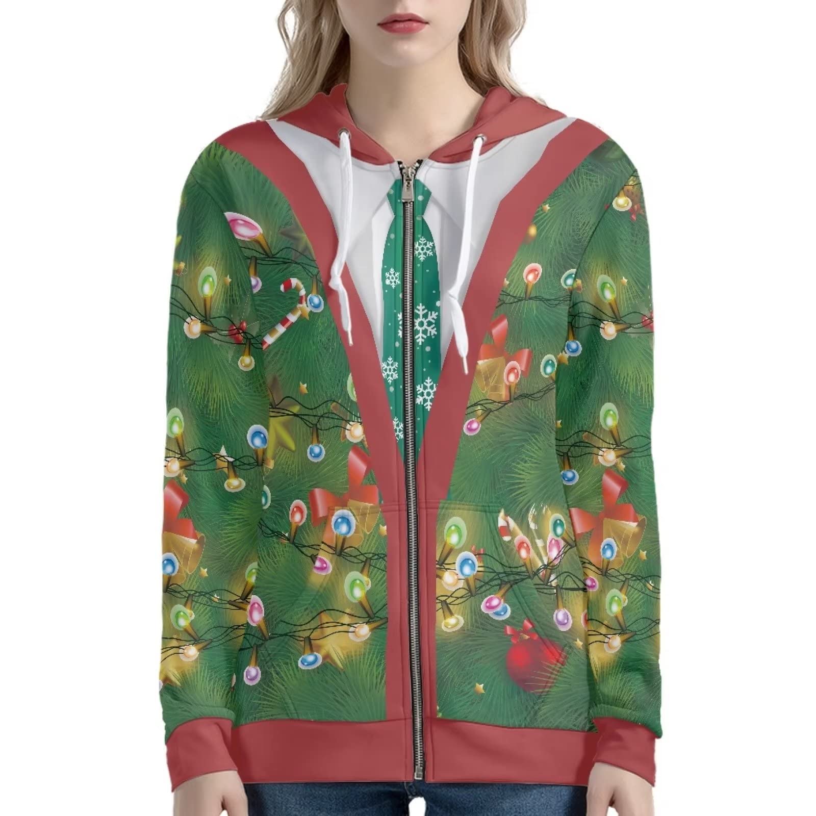 Xoenoiee Świąteczna damska bluza z kapturem zapinana na zamek bluza kurtki z długim rękawem koszula plus size z kapturem wygodna dziewczęca odzież uliczna, Sztuczne dwuczęściowe lampki świąteczne, XS