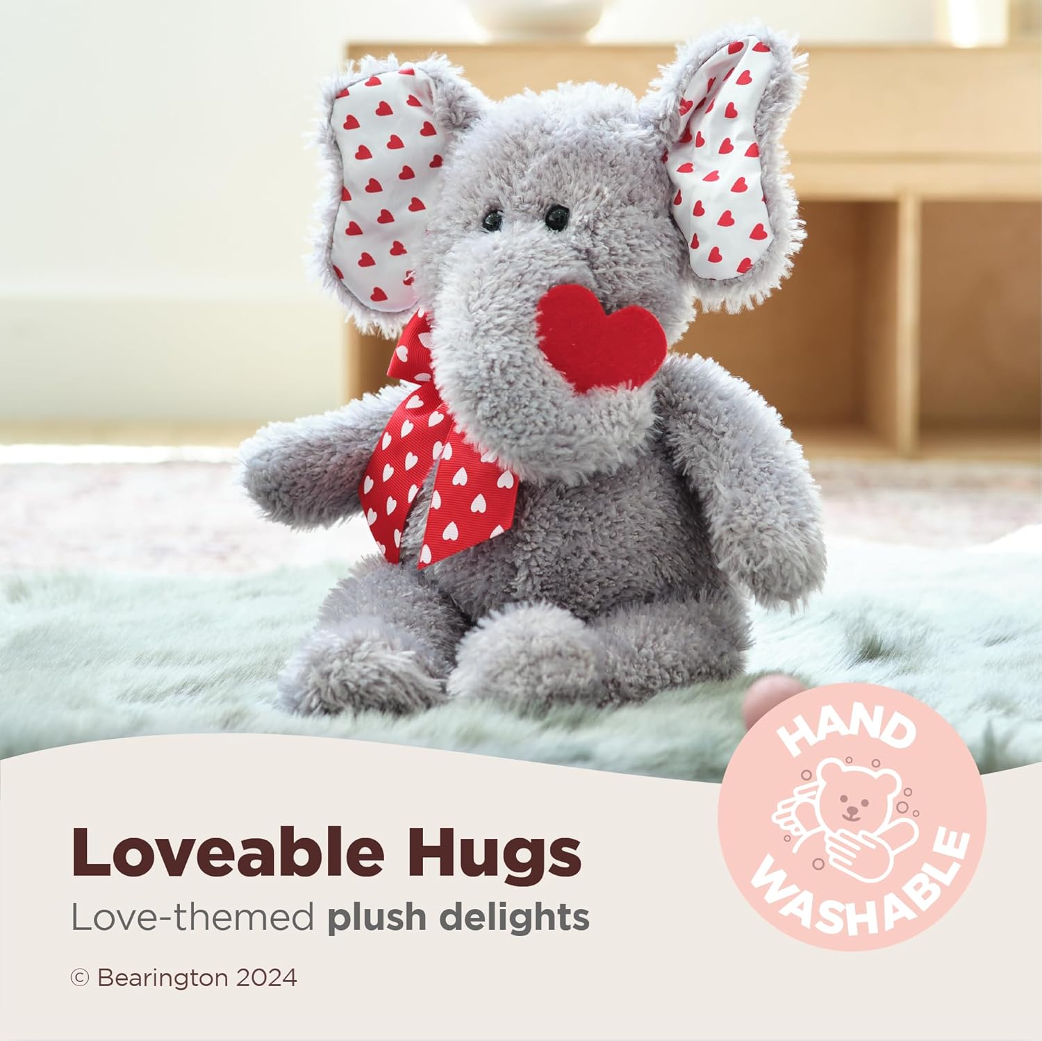 Bearington Hugh Loves You Elephant Stuffed Animal - 13" Cuddly Valentines Stuffed Animal with Soft Grey Fur and Heart Details - Adorable Elephant Valentines Day Gift for Kids, Babies, and Loved Ones