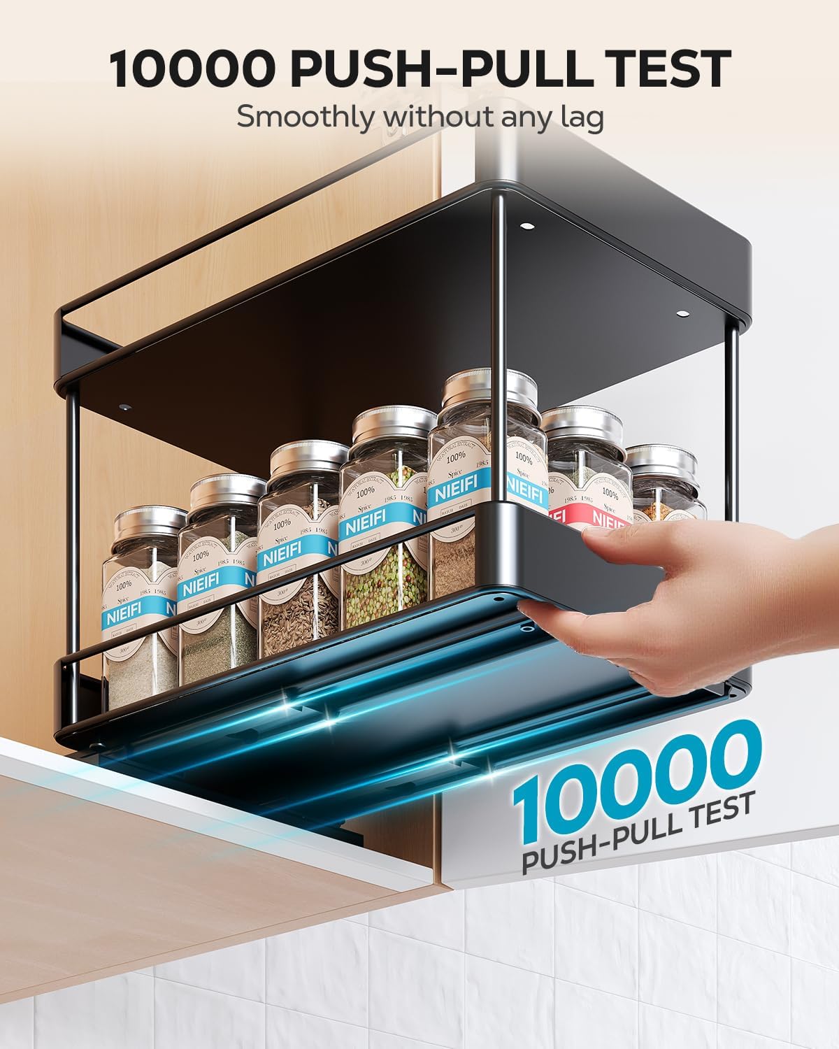 Nieifi Spice Rack Organizer for Cabinet, Vertical Spice Rack Pull Out, Easy to Install, Metal, 6.5''Wx10.35''Dx8.4''H, 2 Pack, 2 Tiers(Black)