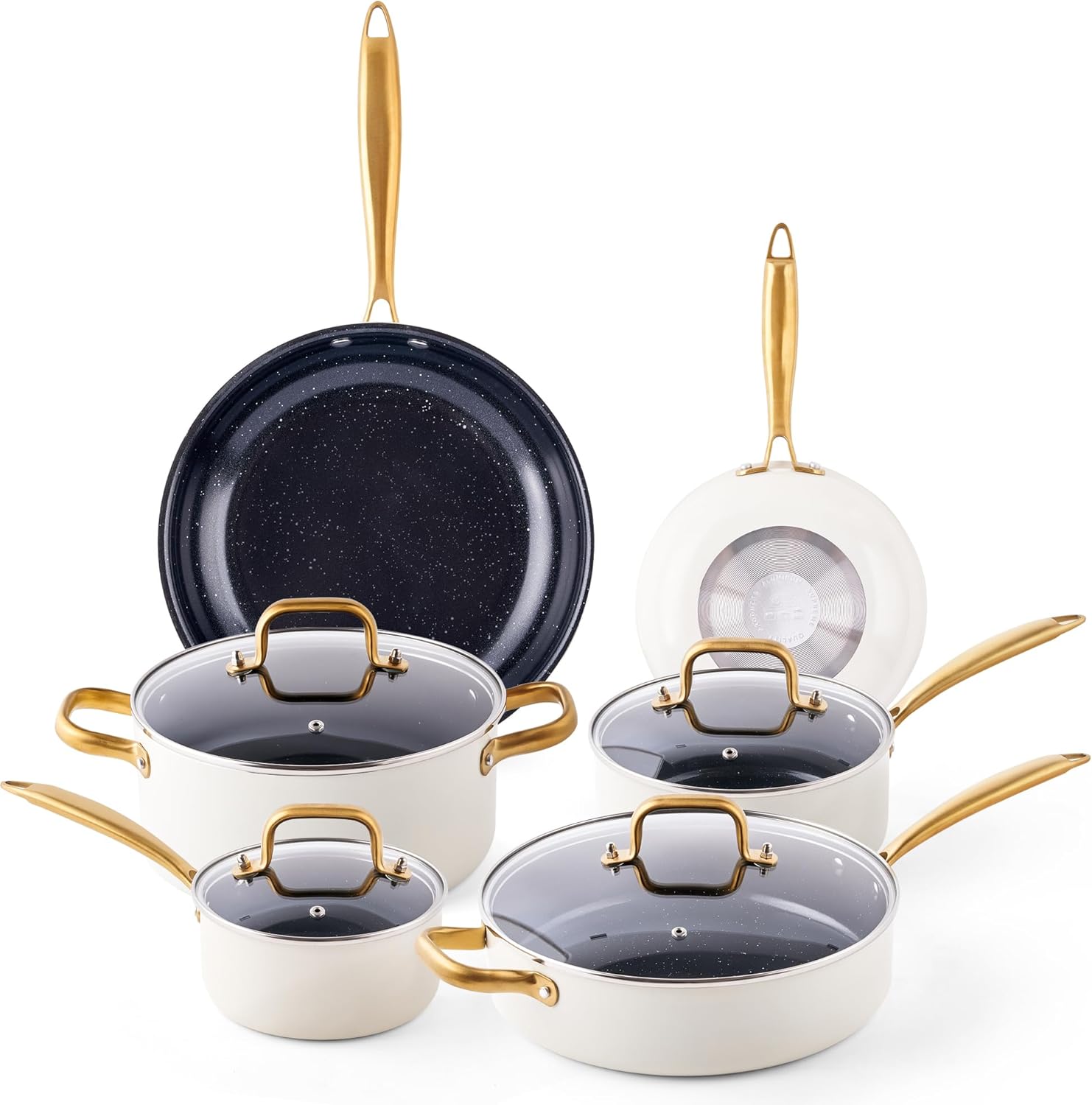 Ceramic Pots and Pans Set - 16PCS Kitchen Cookware Sets Nontsick Non Toxic Cookware Set With Dutch Oven, Frying Pan, Saucepan, Saute Pan, Cooking Utensils Set, Gold Pots and Pans for Cooking Set Gifts