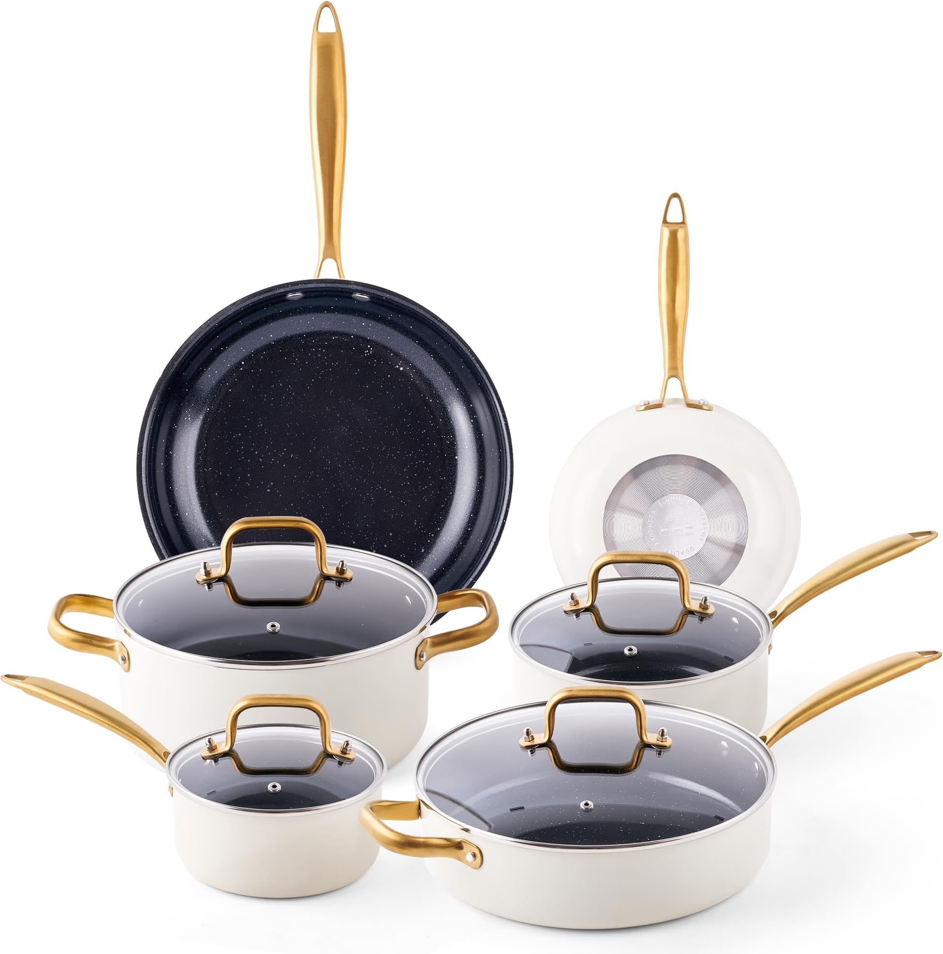 Ceramic Pots and Pans Set - 16PCS Kitchen Cookware Sets Nontsick Non Toxic Cookware Set With Dutch Oven, Frying Pan, Saucepan, Sauté Pan, Cooking Utensils Set, Gold Pots and Pans for Cooking Set Gifts