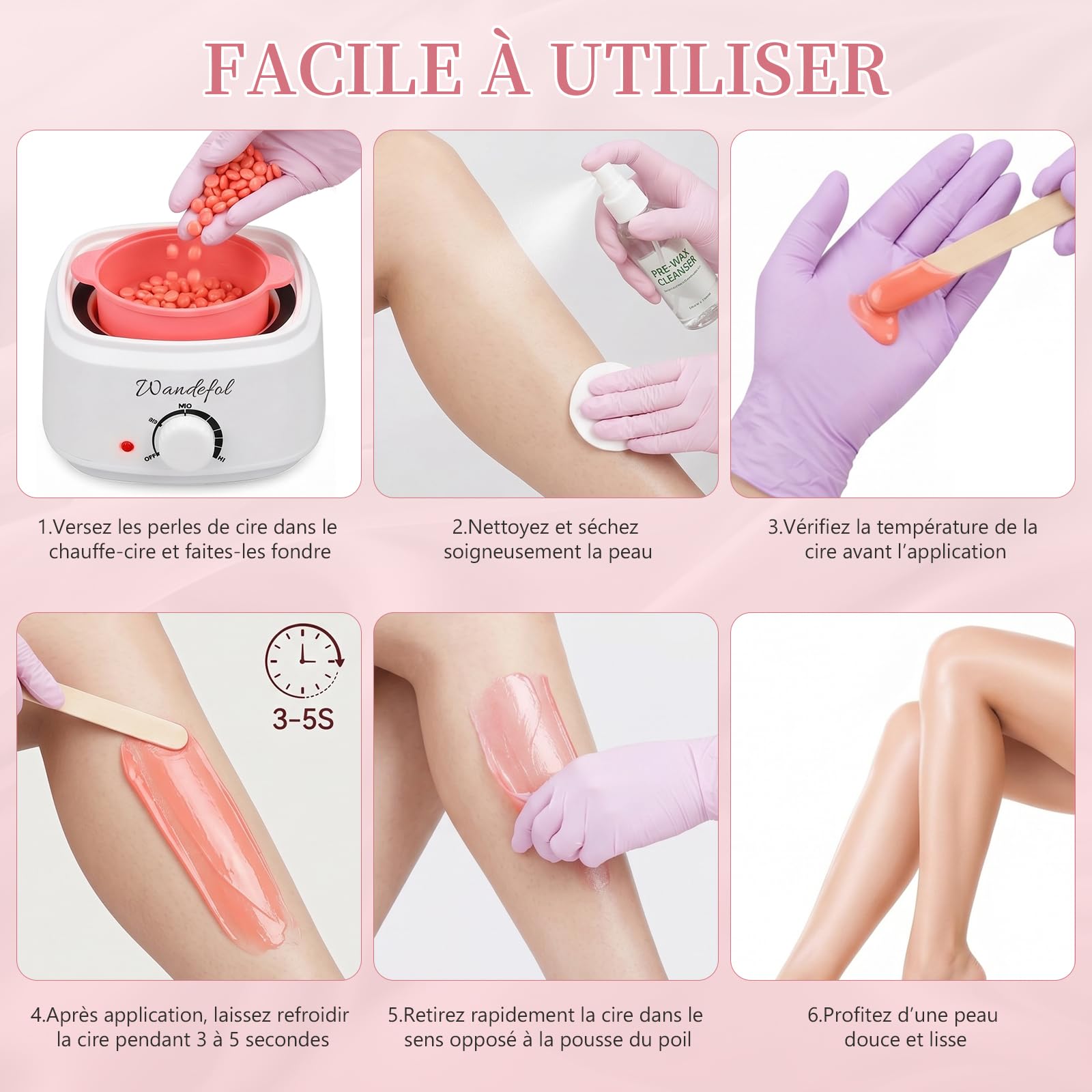 Chauffe Cire Epilation, Kit Epilation Cire Inclure 400g Perles de Cire Chaude, Bol en Silicone, 30 Spatules - Appareil Cire Epilation pour Visage, Corps & Maillot