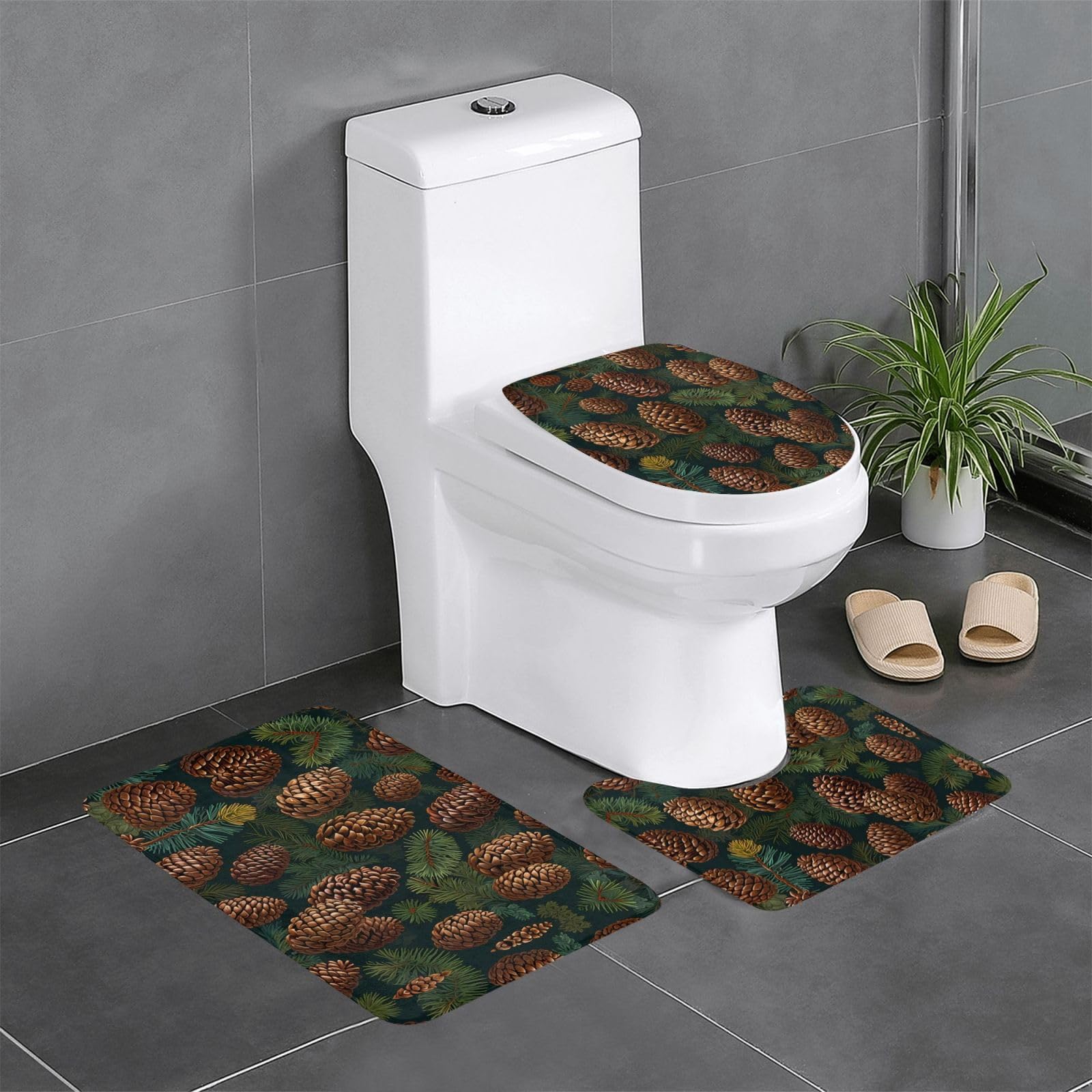 Tapis de bain antidérapants WHJSHOP lot de 3 avec motif pommes de pin