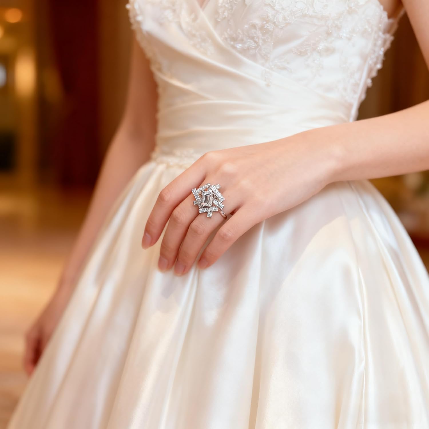 ENDLESSNESS & ETERNITY Baquetteb Bridal CZ Diamond Wedding Band Ring 14K Gold Plated for Women