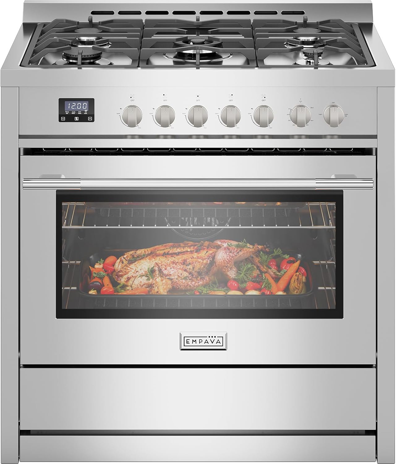 Empava Gas Range, Convection Oven 4.3 Cu. Ft with Touch Timer, 5 Deep Recessed Burners Cooktop, Heavy Duty Continuous Grates in Stainless Steel, Freestanding & Slide-in,36 Inch