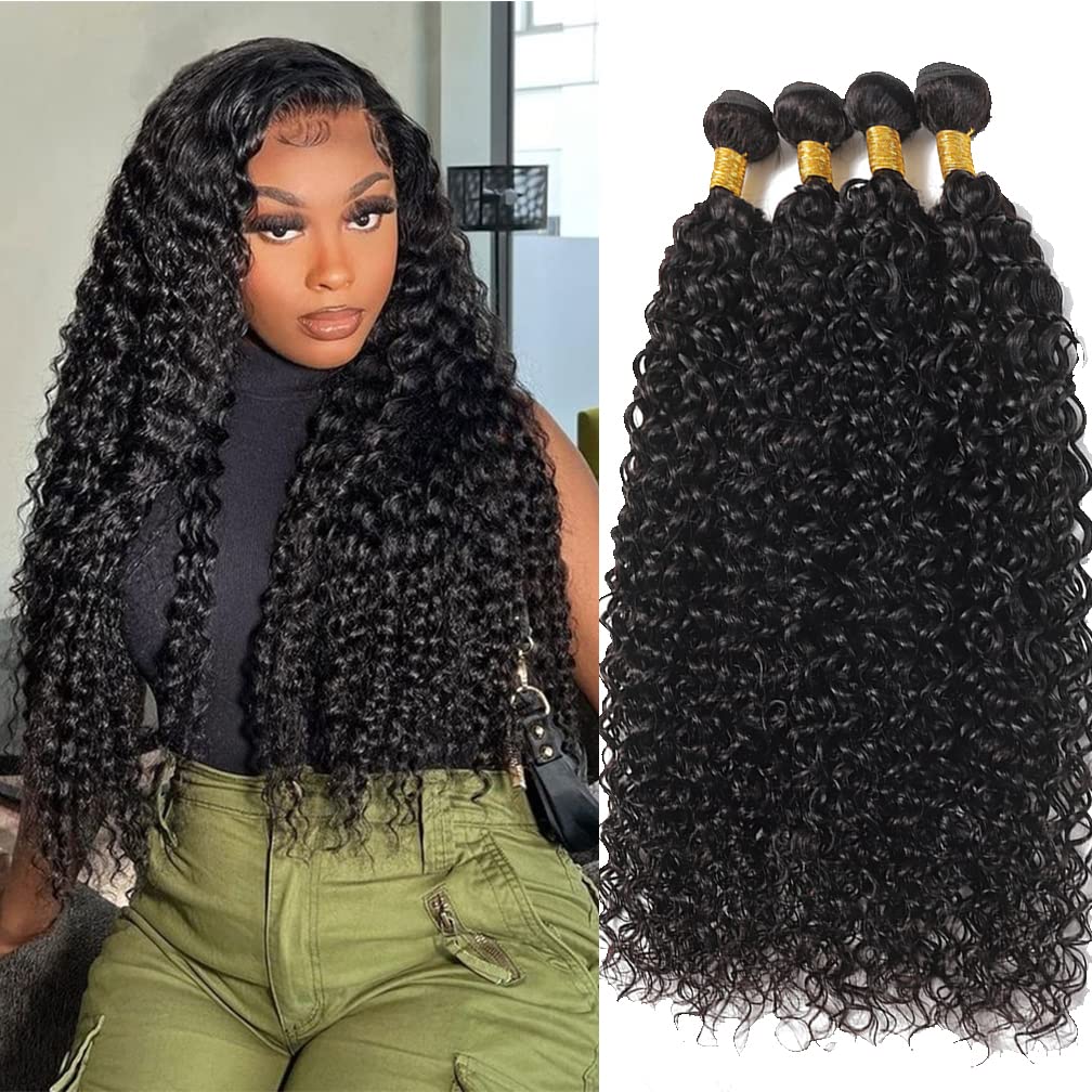 Borchan 4 bundles human hair 24 26 28 30 Inch Brazilian Water Wave Human Hair 4 Bundles Curly Wave Bundles Wet and Wavy Water Wave Bundles Unprocessed Virgin Human Hair Extensions