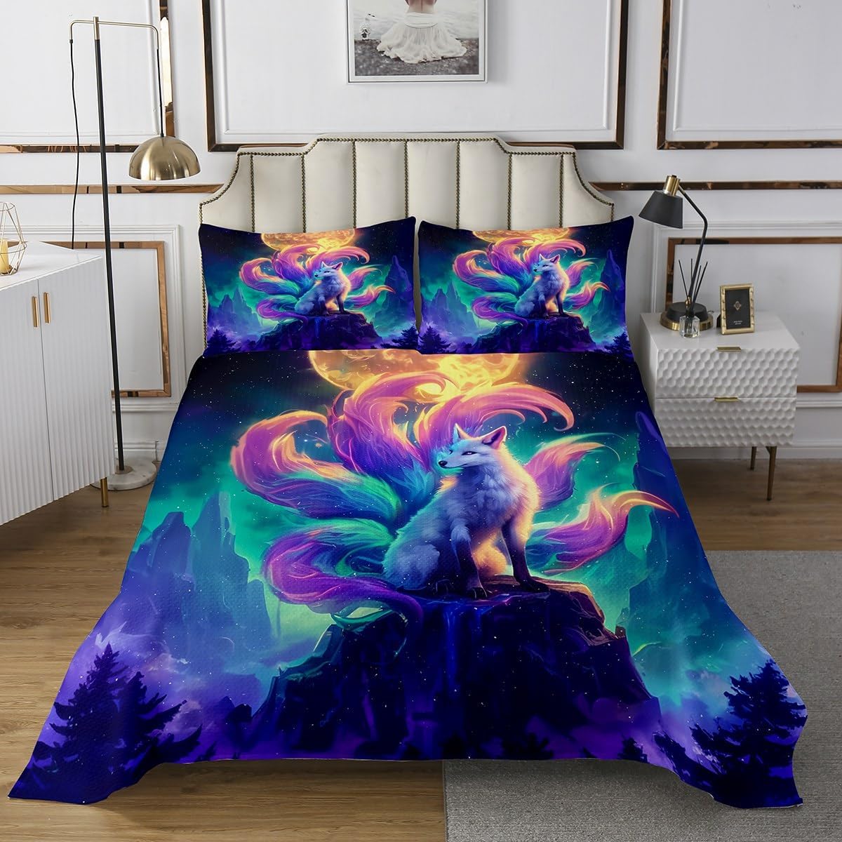 Homewish Fox Bedspread Twin Size,Moonlight Magical Animal Bedding Set for Kids Boys Girls Room Decor,Japanese Style Fox Coverlet Set 2Pcs,Pine Tree Starry Sky Microfiber Quilt,1 Pillowcase