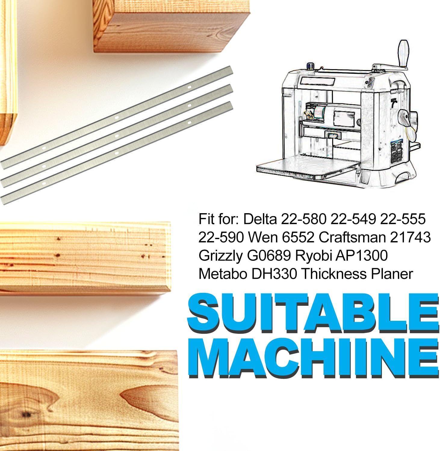 Planer Blades Knives HSS Replacement for Delta 22-580 22-549 22-555 22-590 Wen 6552 Craftsman 21743 Grizzly G0689 Ryobi AP1300 Metabo DH330 Thickness Planer 13 Inch Heat Treated Double edge Set of 3