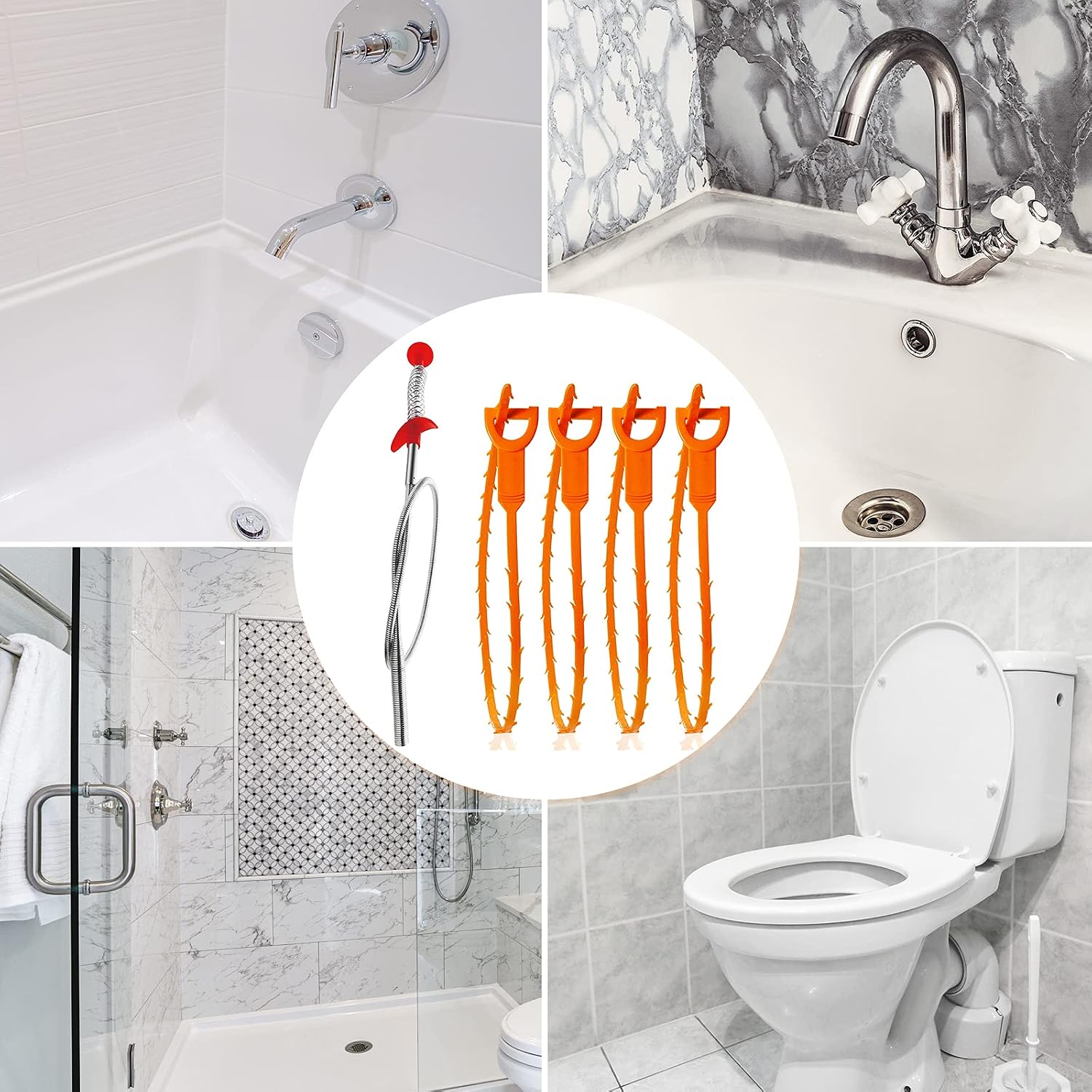 LSLCQW 4 in 1 Drain Clog Remover tool, Snake Drain Cleaner snake drain auger, used for sewer, sink snake toilet, kitchen sink, bathroom bathtub hair remover Hair Showers