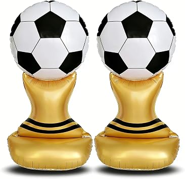 2pcs Large Standing Soccer Balloons, Giant Soccer Trophy Balloon, Black-White Gold Foil Soccer Party Balloons Set, Sports Themed Decor for Indoor Outdoor Birthday Party Celebration